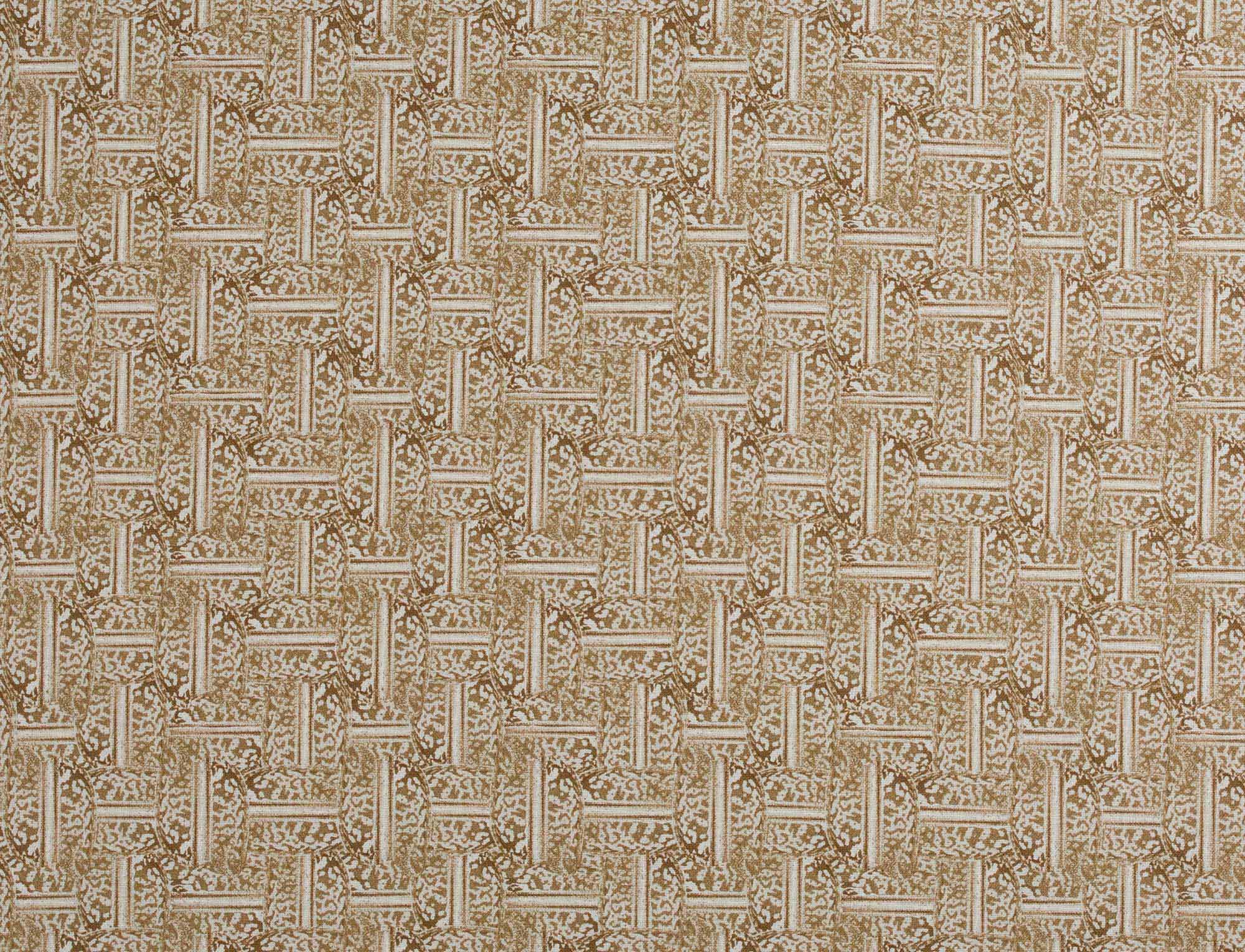 Detail of fabric in a geometric grid pattern in brown on a cream field.