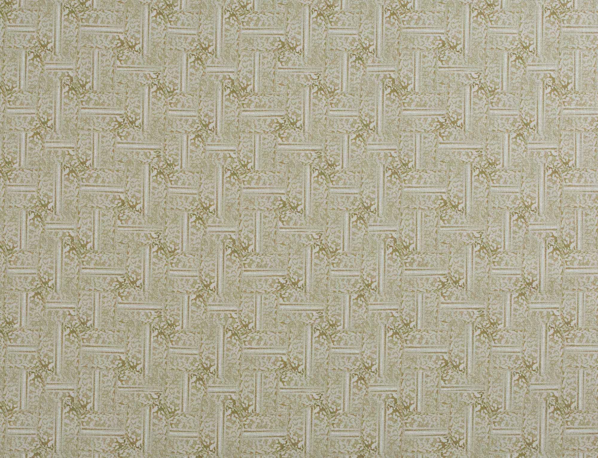 Detail of fabric in a geometric grid pattern in olive on a greige field.
