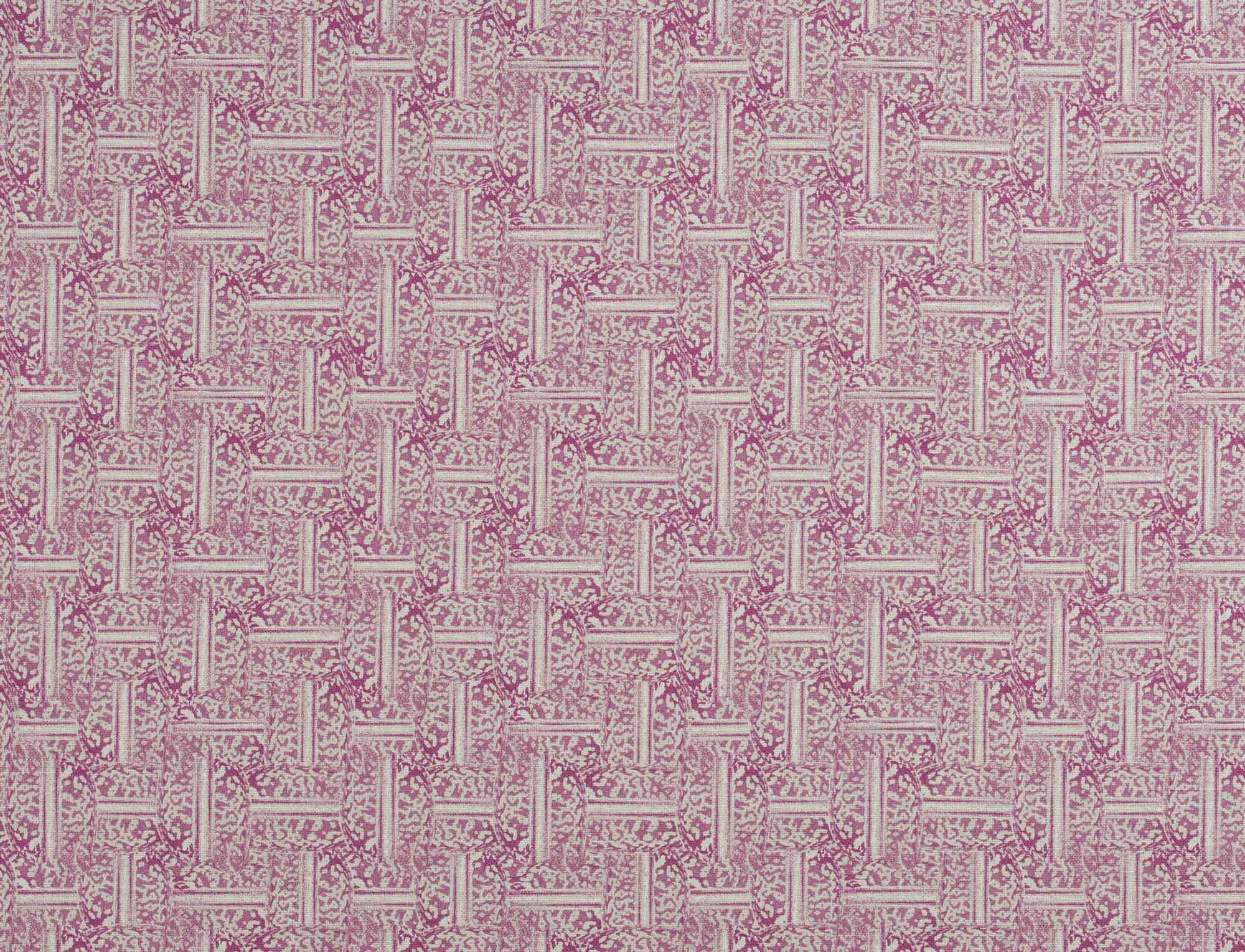 Detail of fabric in a geometric grid pattern in purple on a cream field.