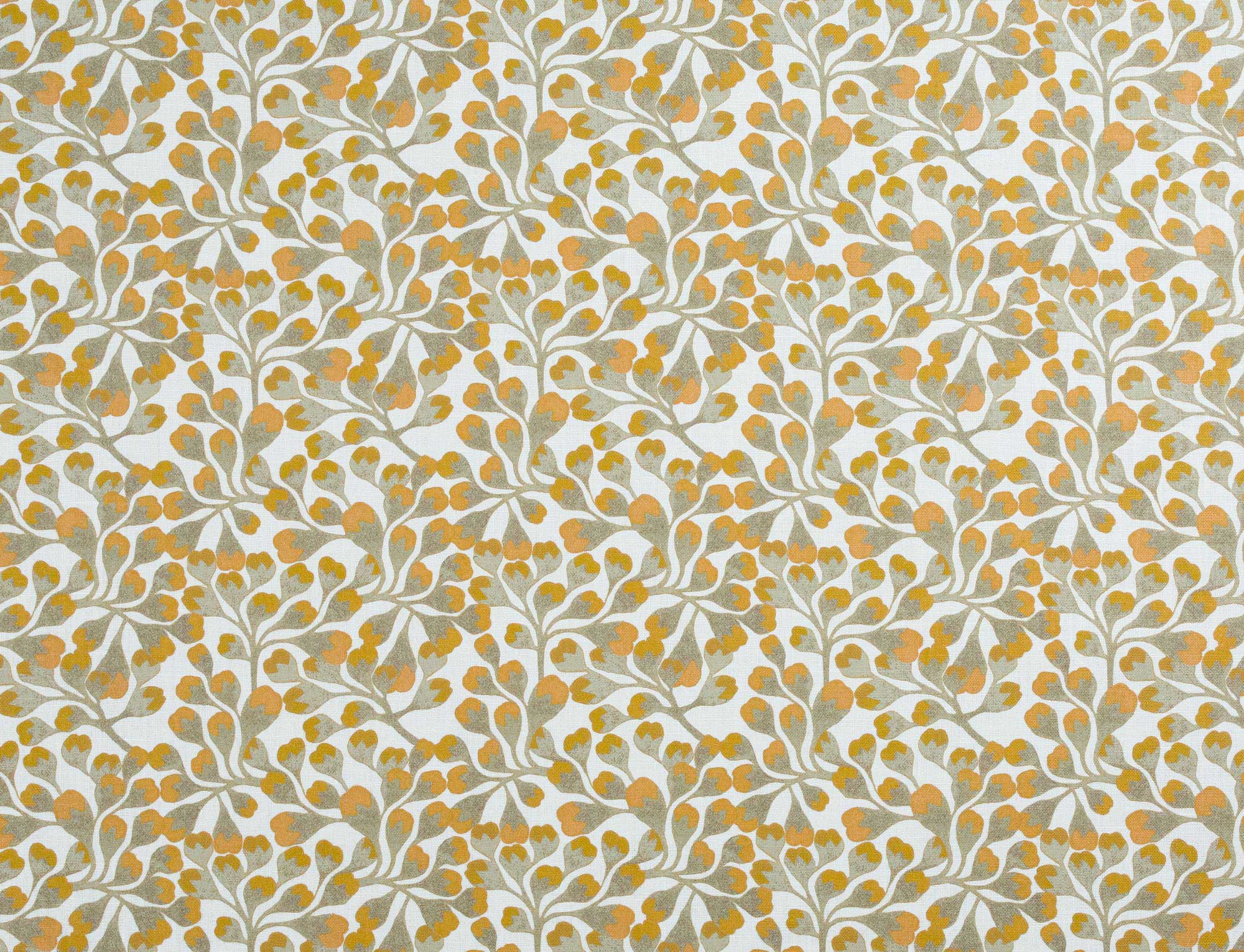 Detail of fabric in an abstract botanical print in gold and gray on a white field.