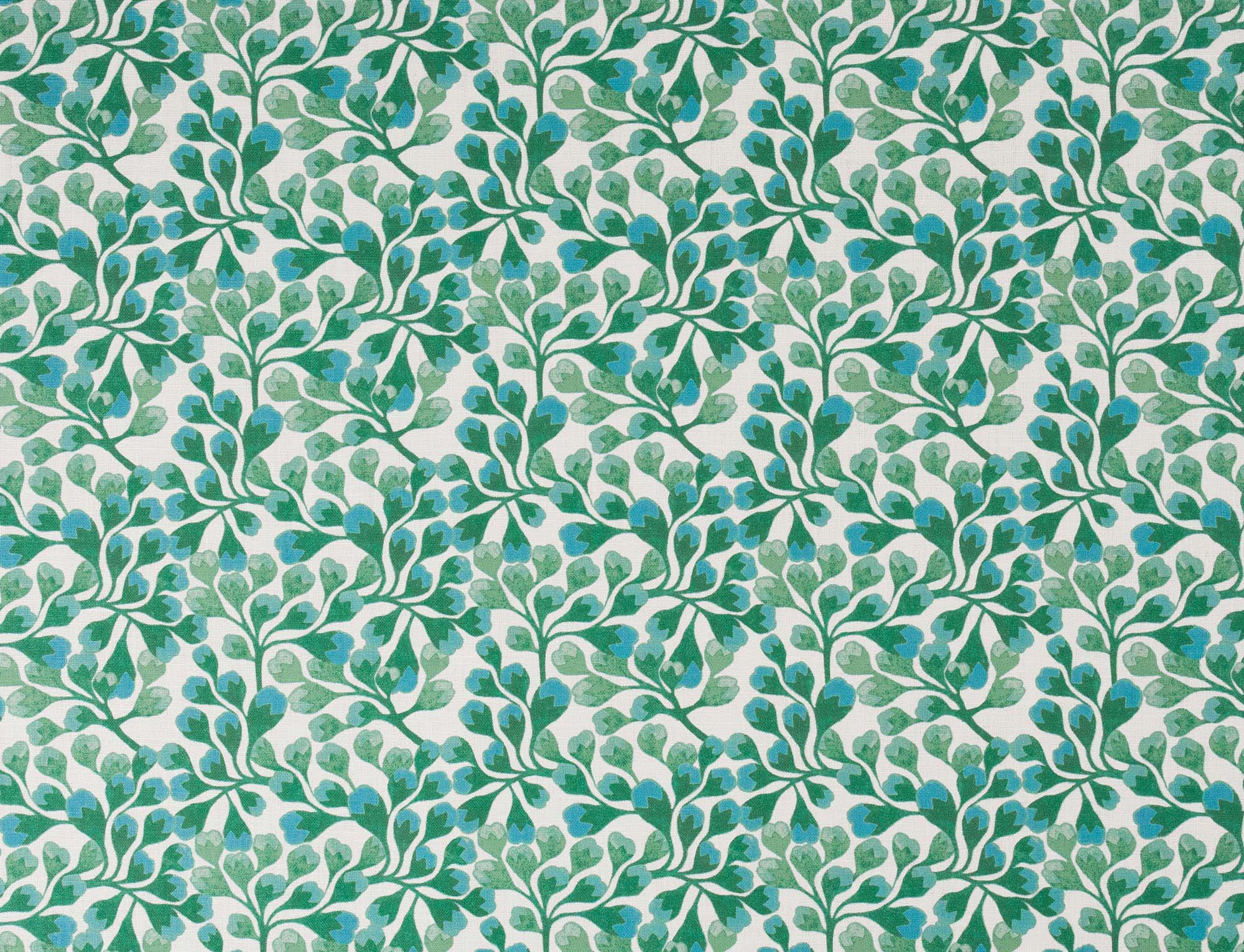 Detail of fabric in an abstract botanical print in green and turquoise on a white field.