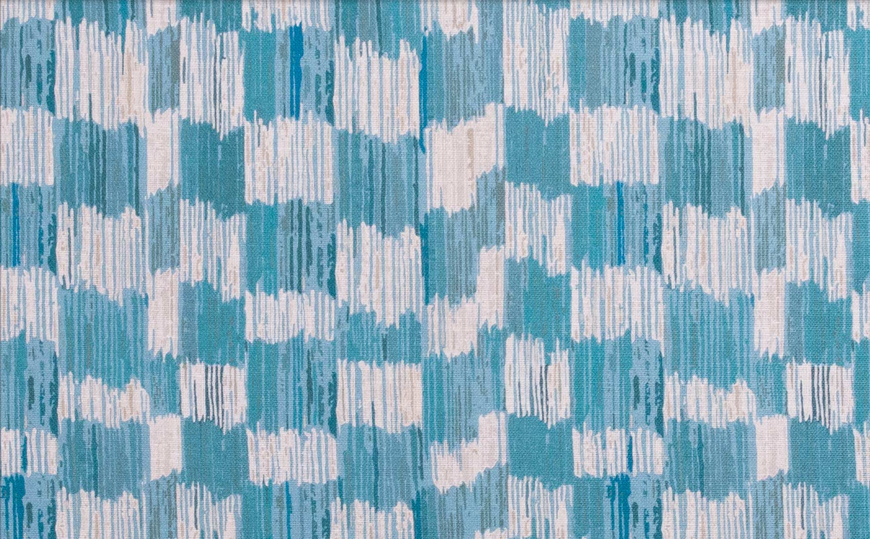Detail of fabric in an abstract check print in shades of blue, turquoise and white.