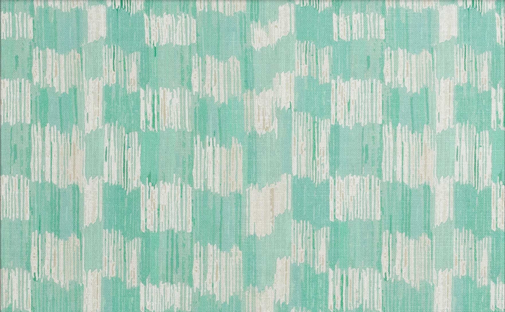 Detail of fabric in an abstract check print in shades of turquoise and cream.