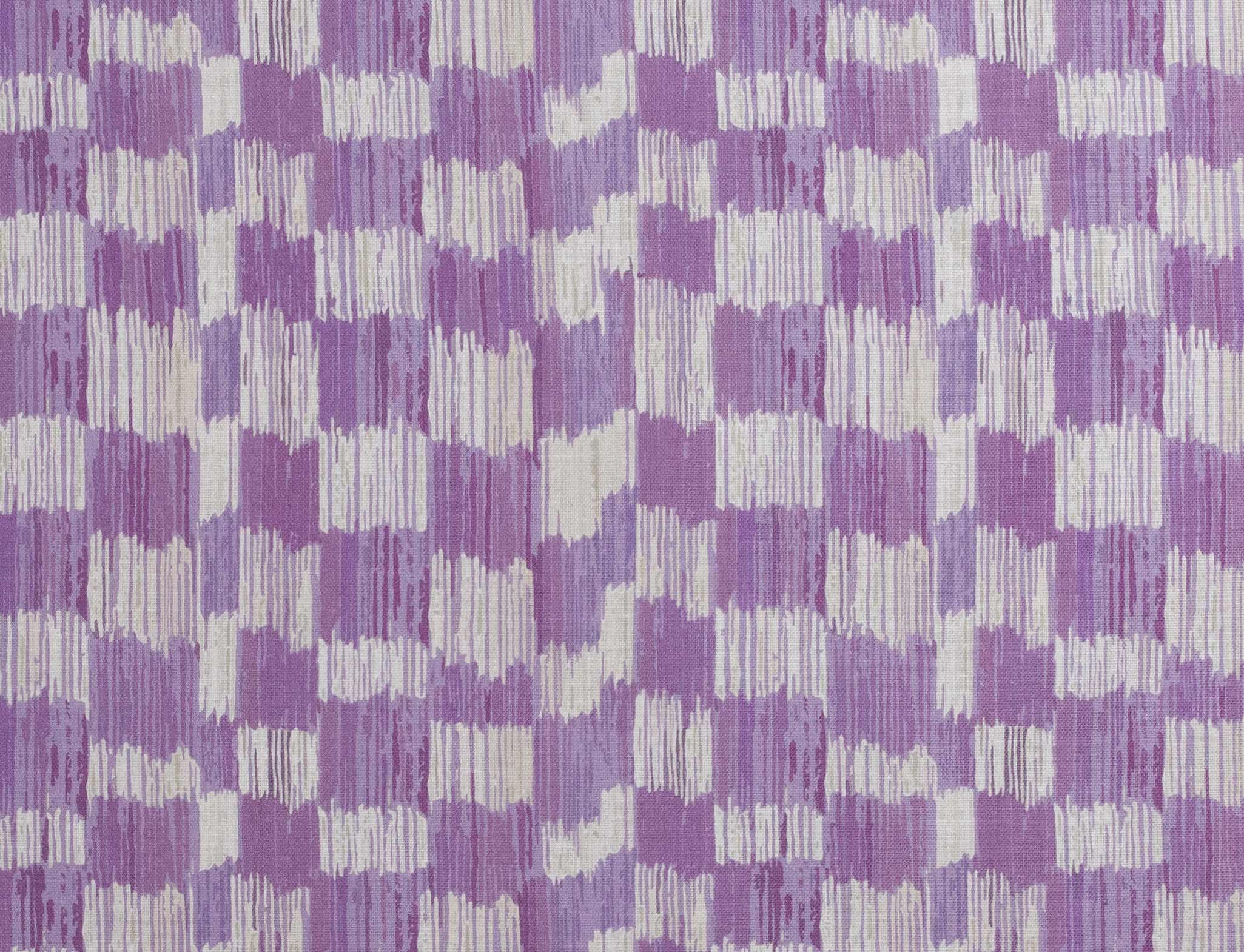 Detail of fabric in an abstract check print in shades of purple and cream.