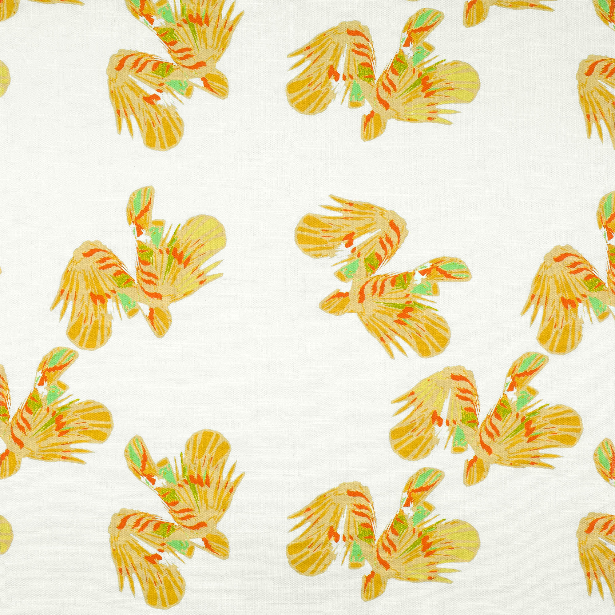 Detail of fabric in a playful feather print in yellow, orange and green on a cream field.