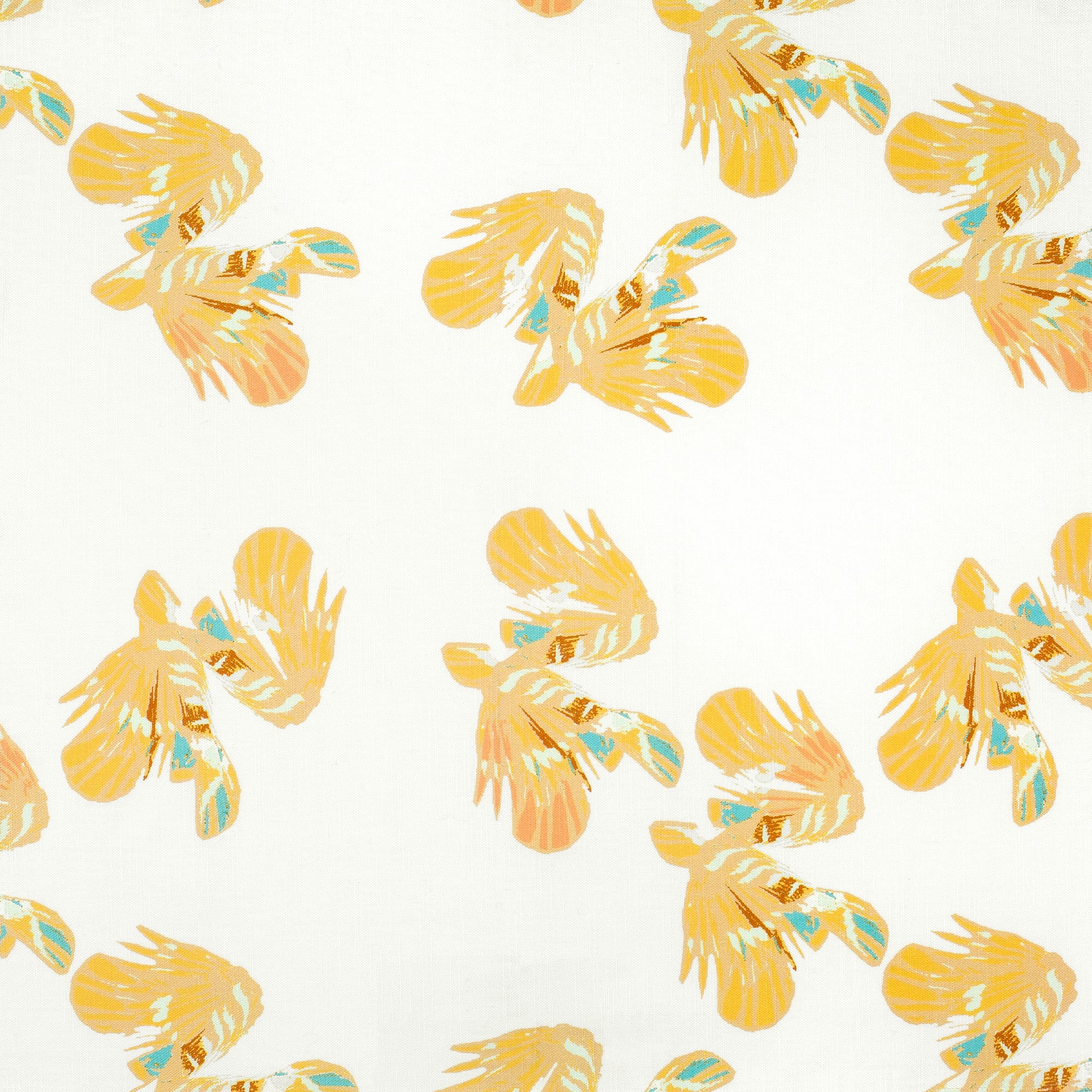 Detail of fabric in a playful feather print in yellow, orange and blue on a cream field.