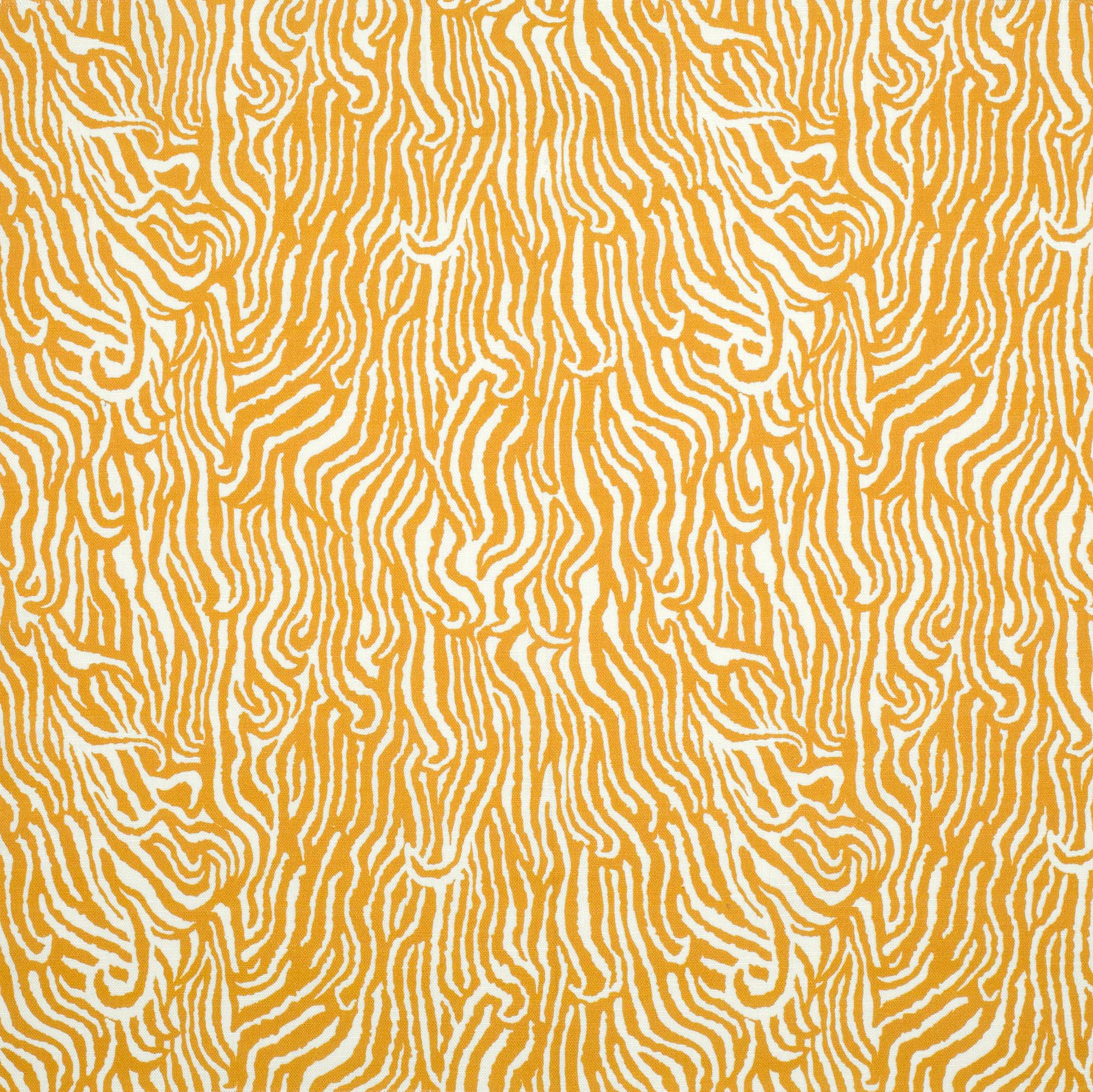 Detail of fabric in a playful animal print in light orange on a white field.