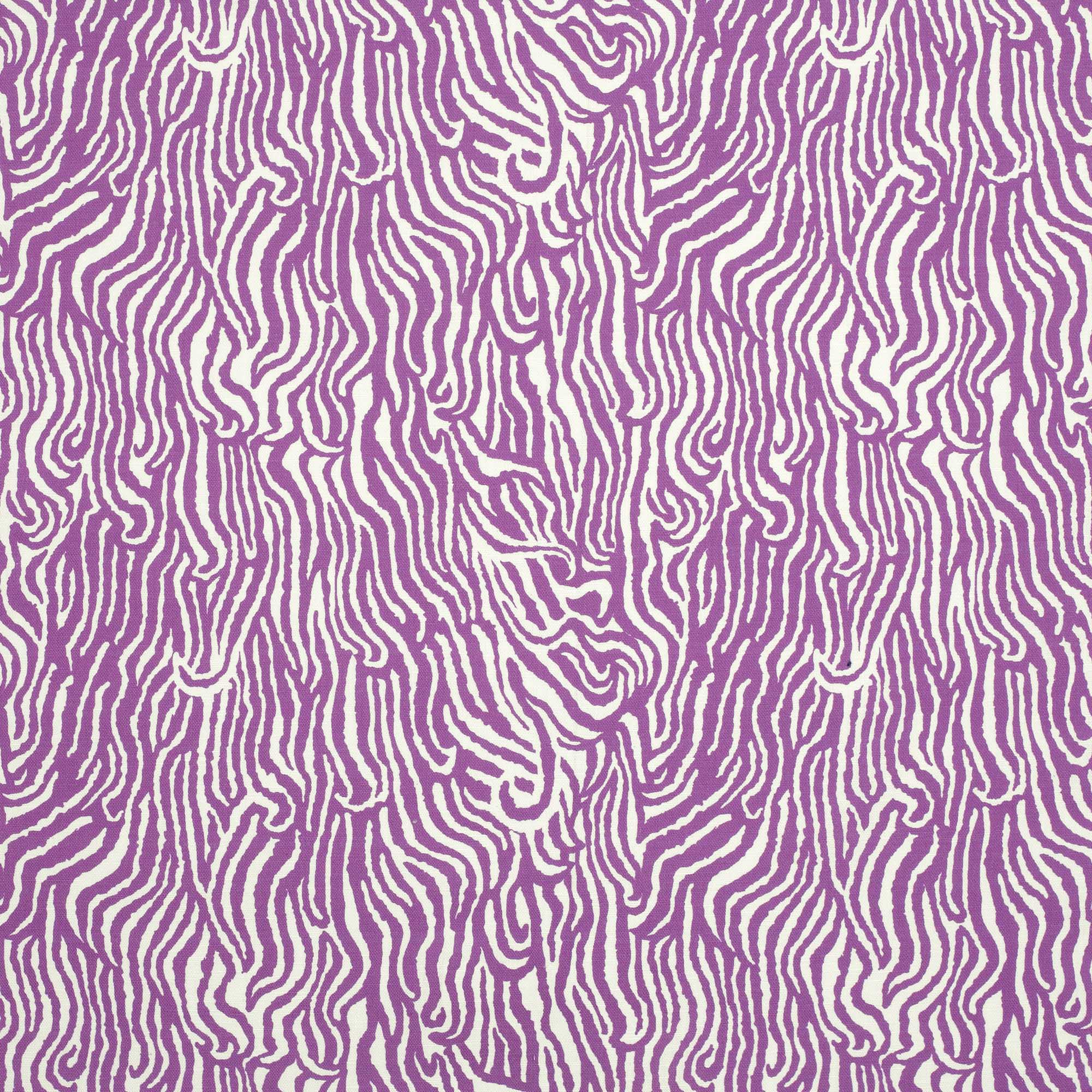 Detail of fabric in a playful animal print in purple on a white field.