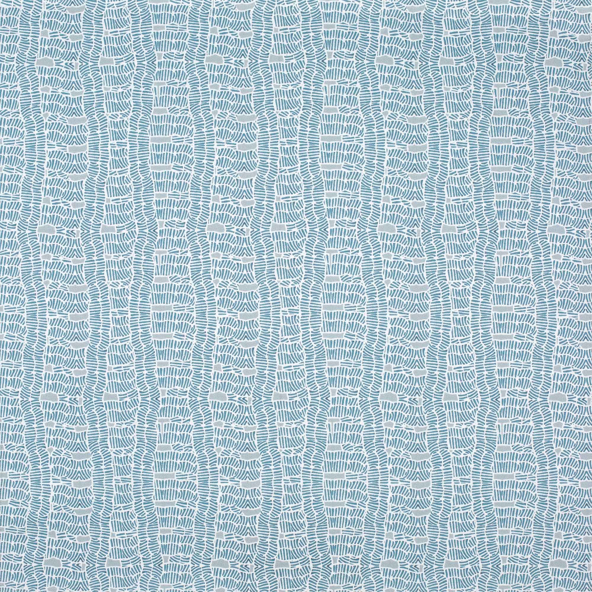 Detail of fabric in a playful curvy grid print in blue and gray on a white field.