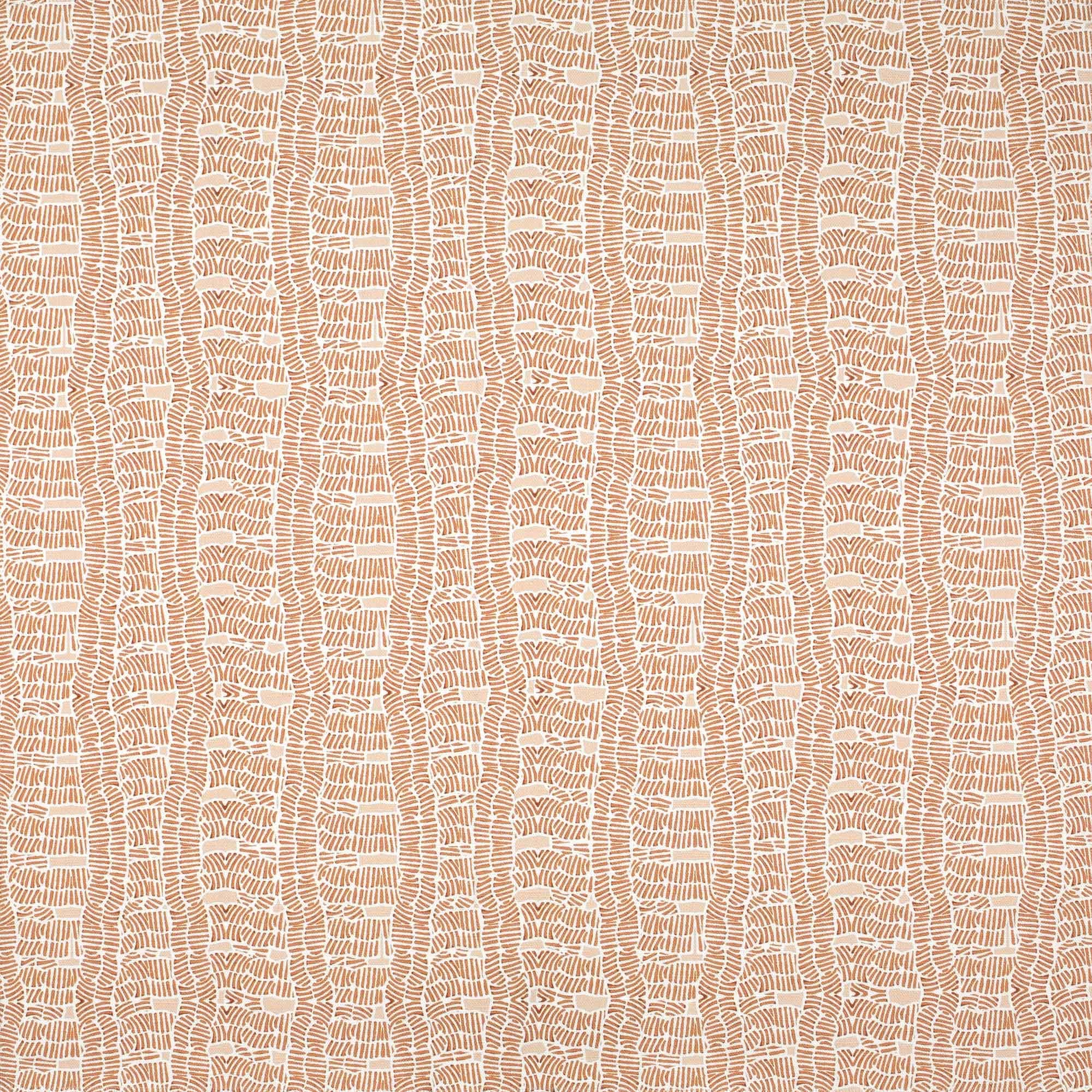 Detail of fabric in a playful curvy grid print in peach on a white field.