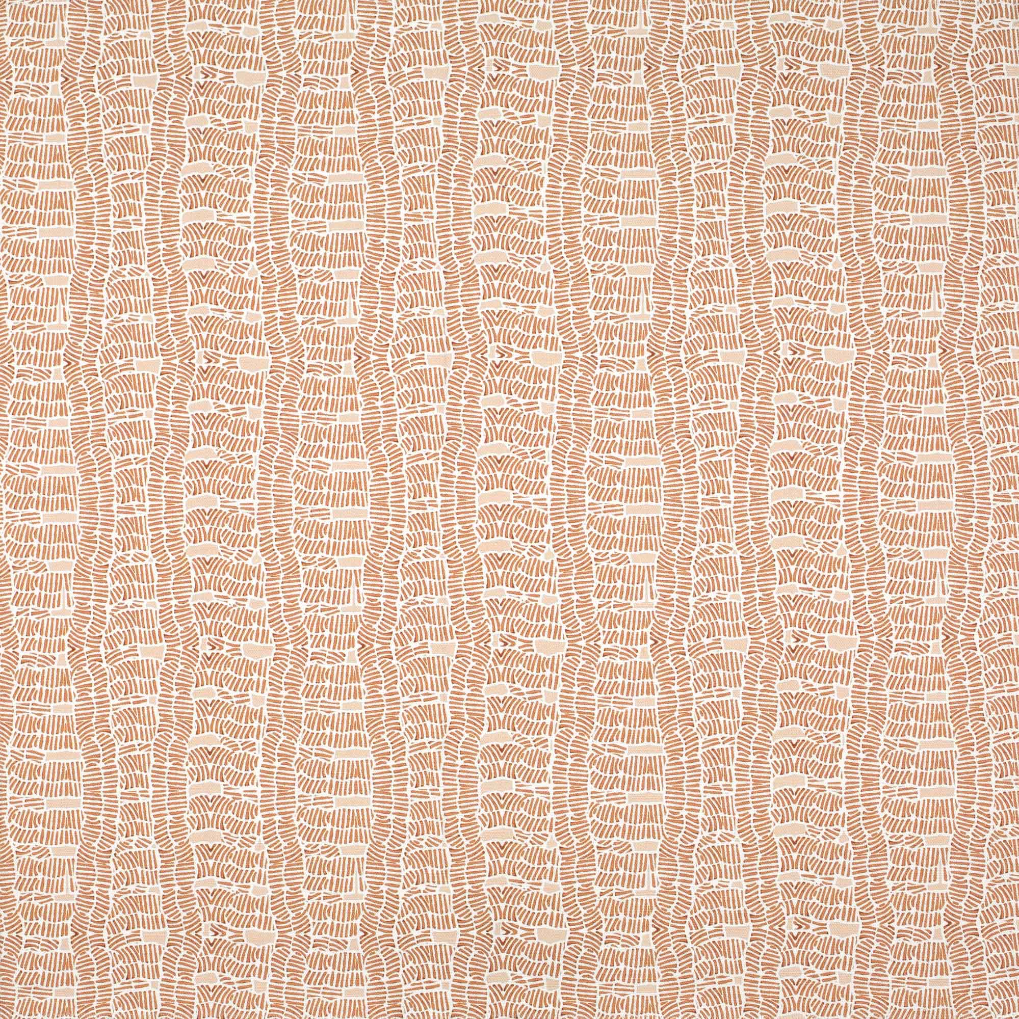 Detail of fabric in a playful curvy grid print in peach on a white field.