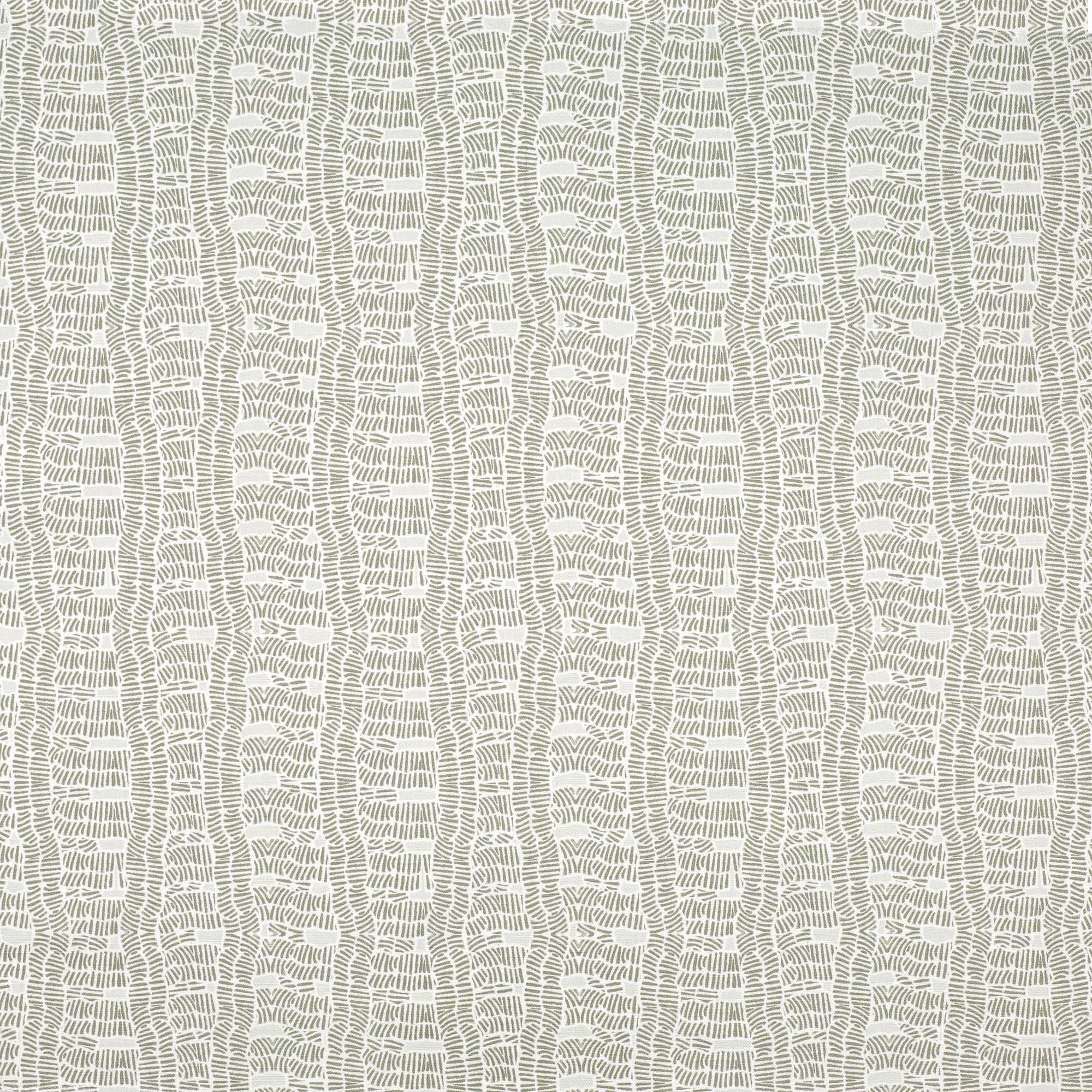 Detail of fabric in a playful curvy grid print in greige on a white field.