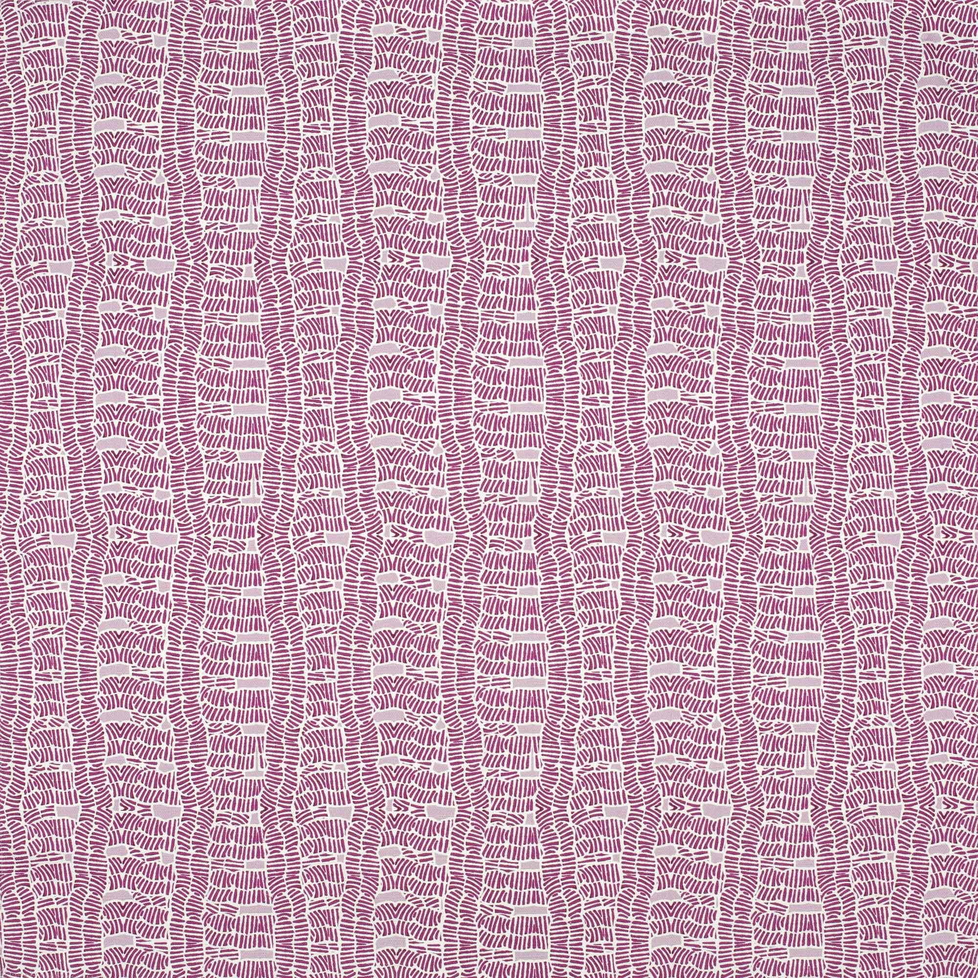 Detail of fabric in a playful curvy grid print in purple on a white field.