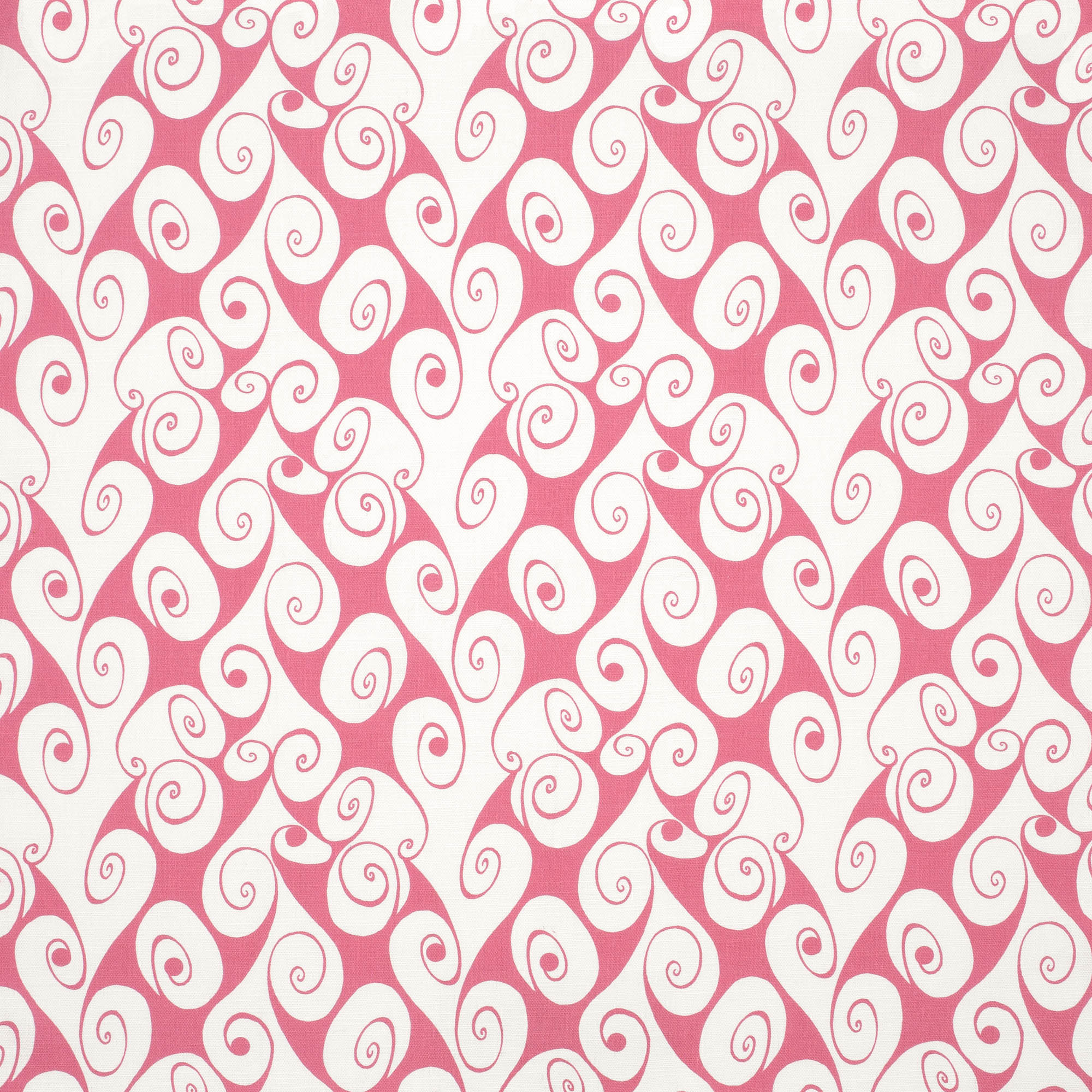 Detail of fabric in a playful abstract shape print in white on a pink field.