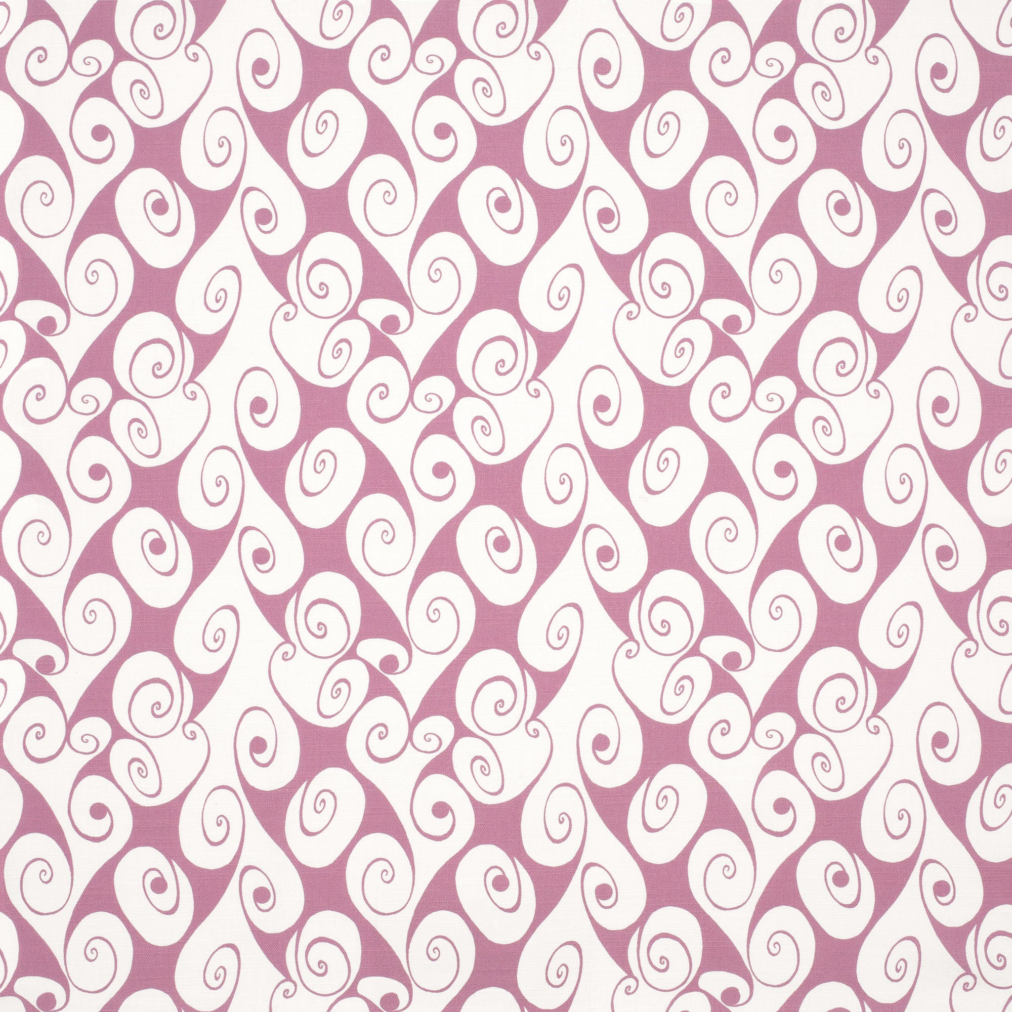 Detail of fabric in a playful abstract shape print in white on a purple field.