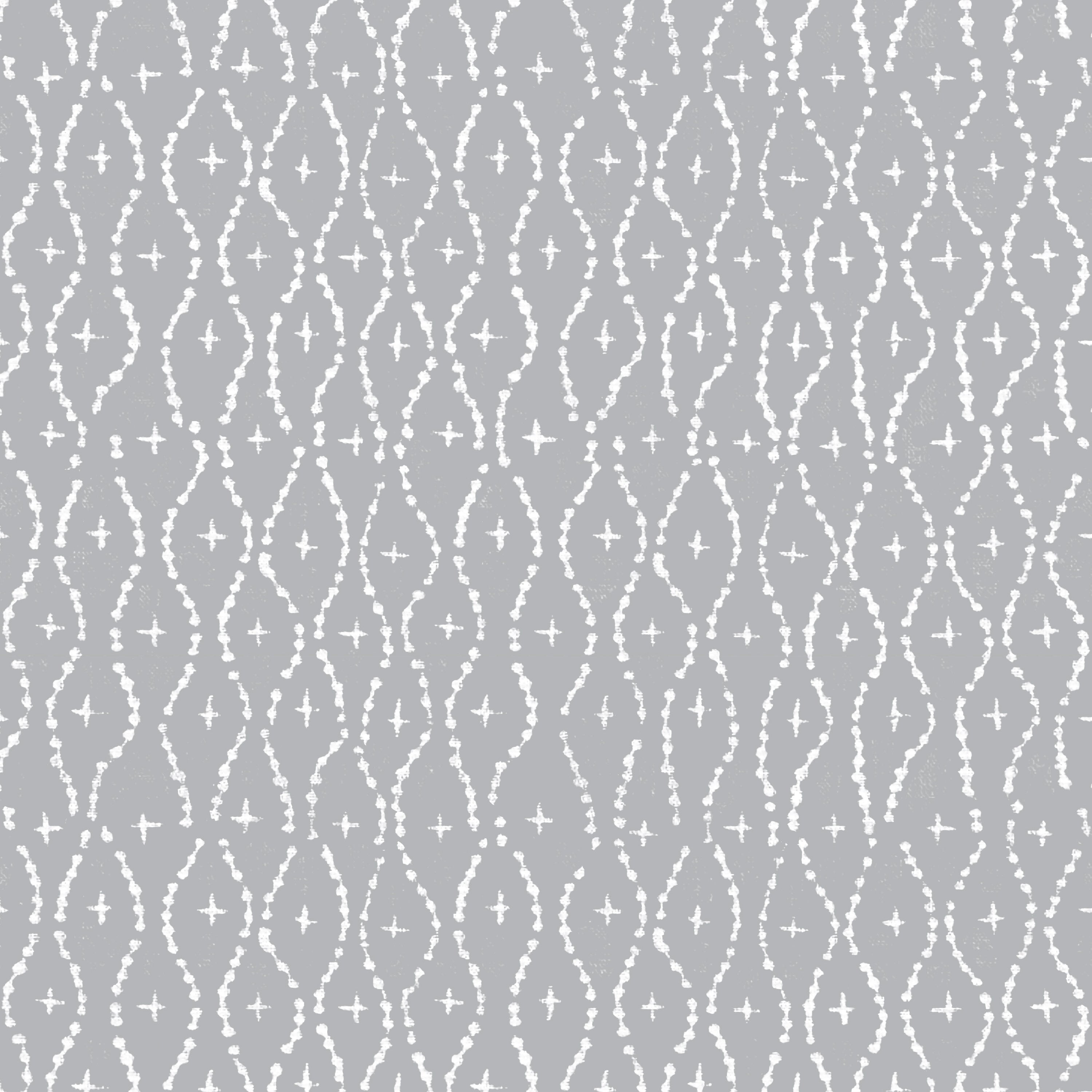 Detail of wallpaper in a painterly lattice print in white on a gray field.