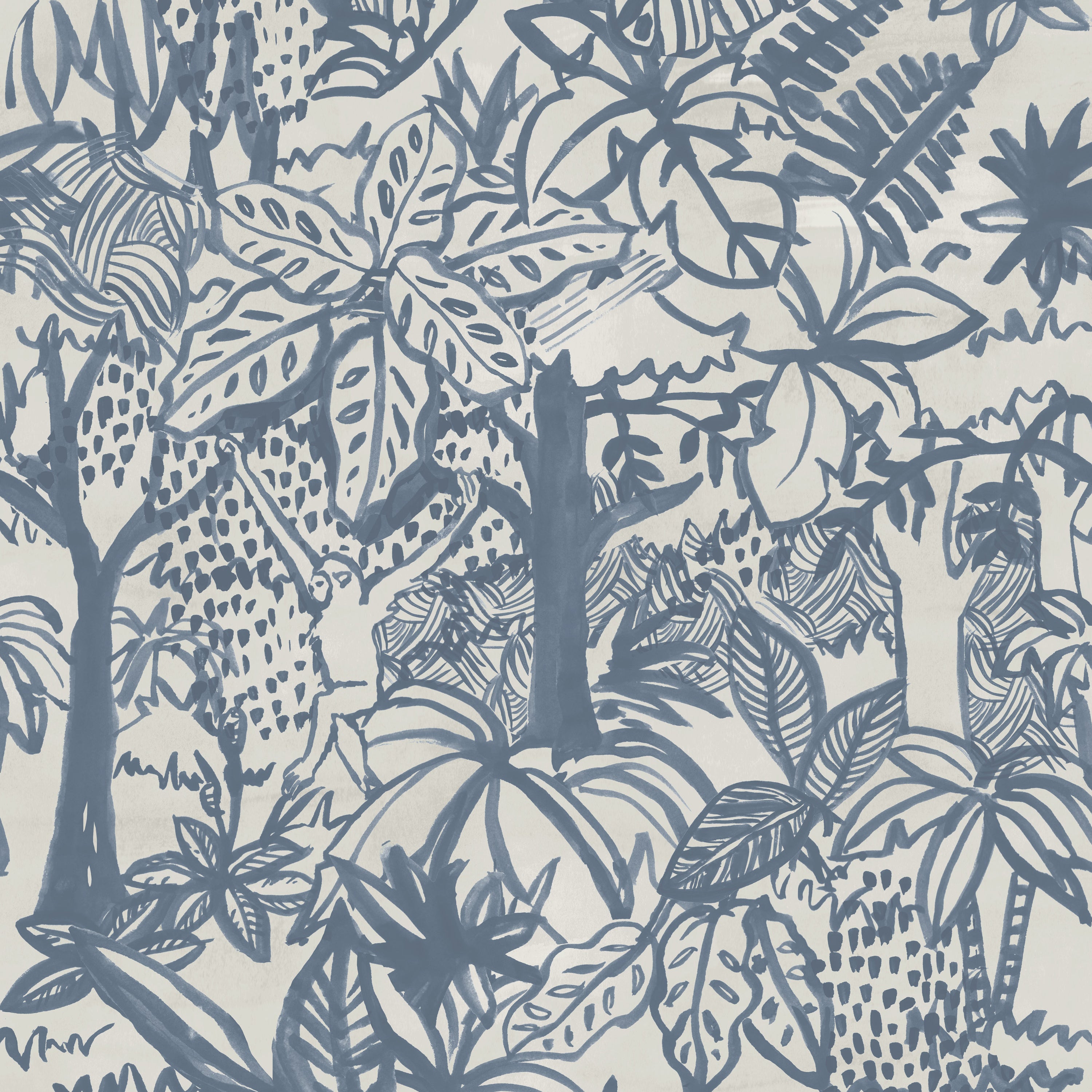 Detail of wallpaper in a playful jungle print in blue on a cream field.