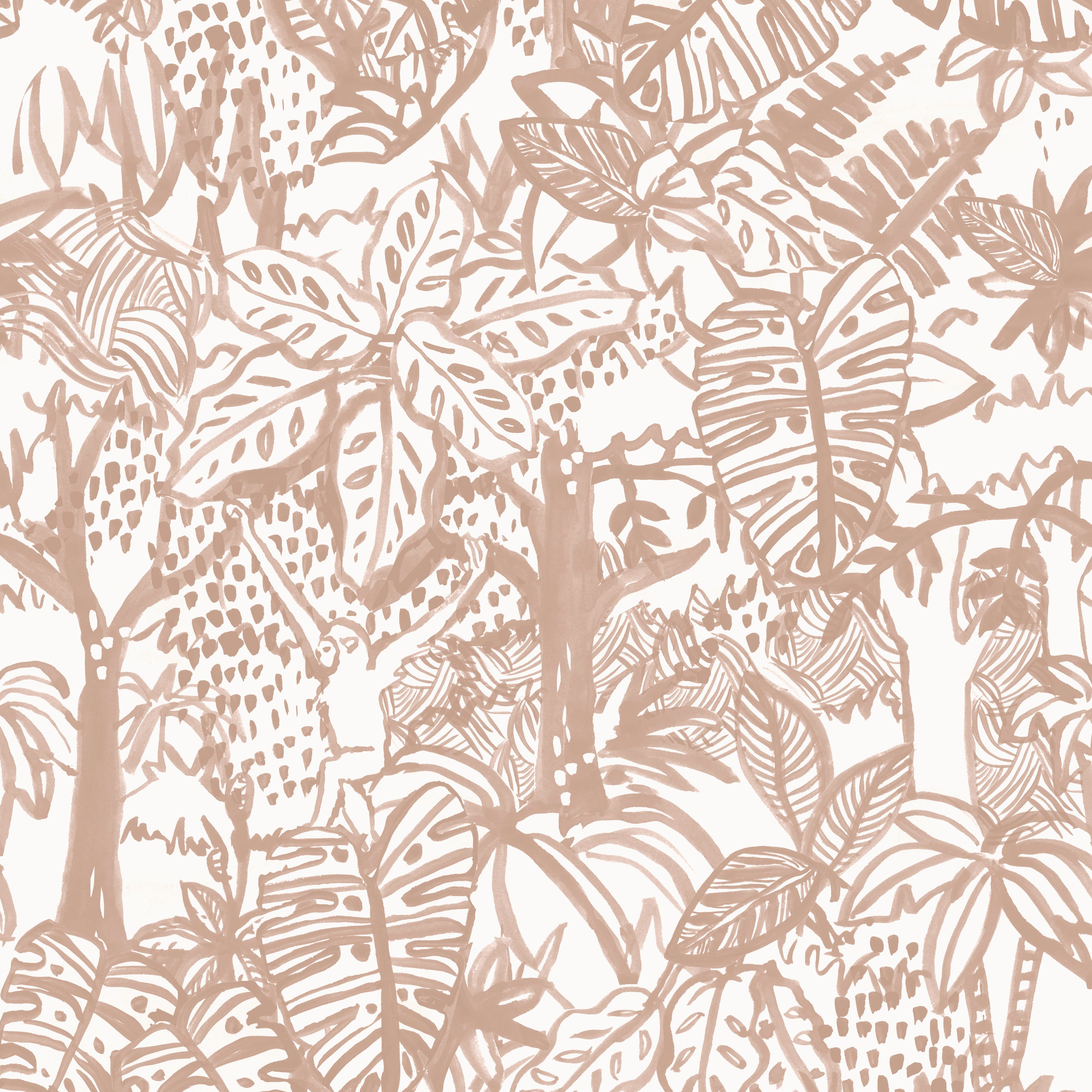 Detail of wallpaper in a playful jungle print in blush on a cream field.
