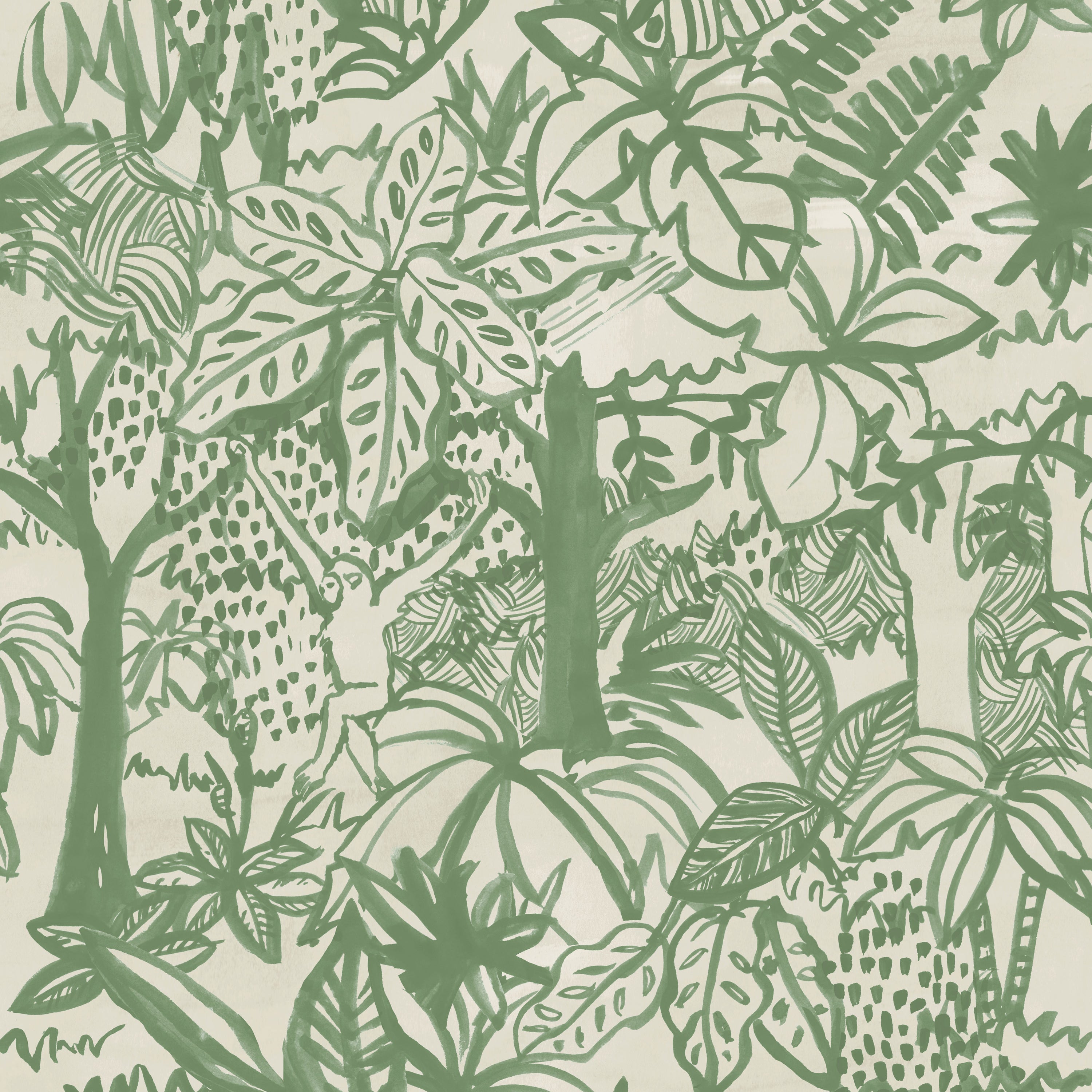 Detail of wallpaper in a playful jungle print in green on a cream field.