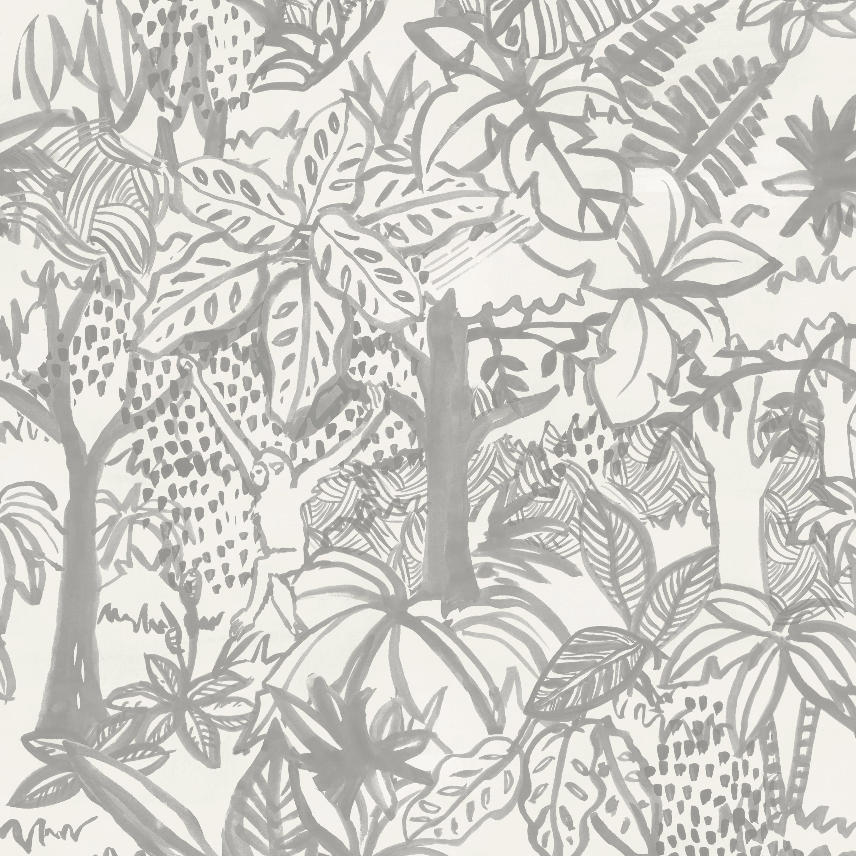 Detail of wallpaper in a playful jungle print in gray on a cream field.
