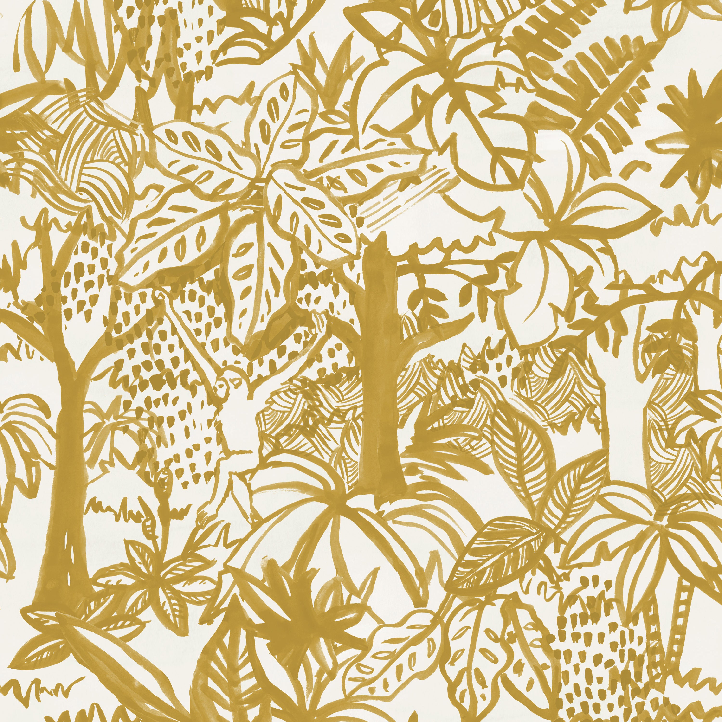 Detail of wallpaper in a playful jungle print in mustard on a cream field.
