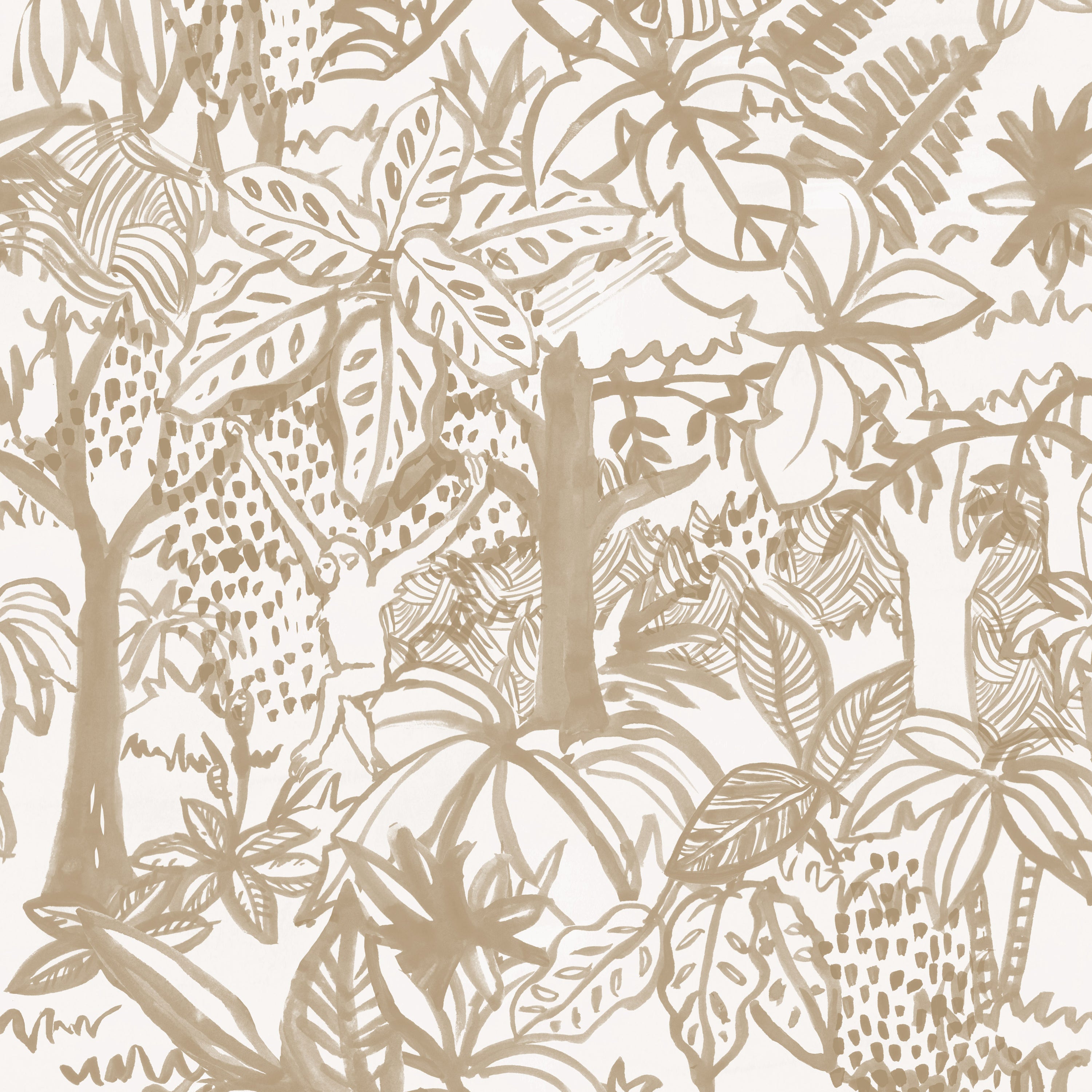 Detail of wallpaper in a playful jungle print in tan on a cream field.
