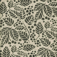 Woven fabric swatch with a cream background and a hunter green pattern of leaves, stems and berries. 
