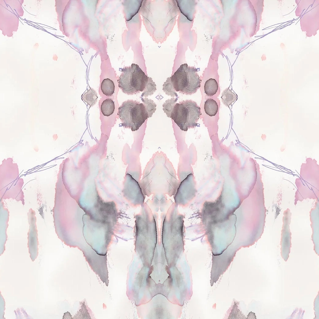 Detail of wallpaper in an abstract paint blotch print in shades of gray and pink on a white field.