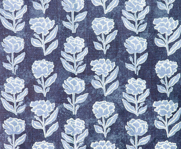 Detail of fabric in a classic floral print in blue and white on a navy field.