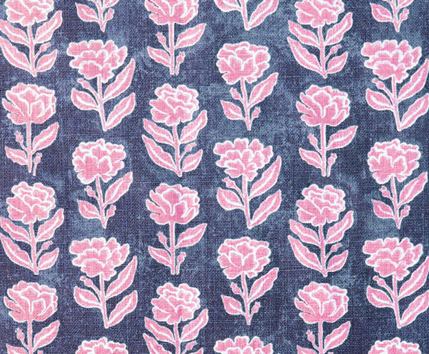 Detail of fabric in a classic floral print in pink and white on a navy field.