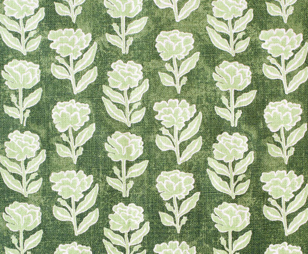 Detail of fabric in a classic floral print in pale green and white on a kelly green field.