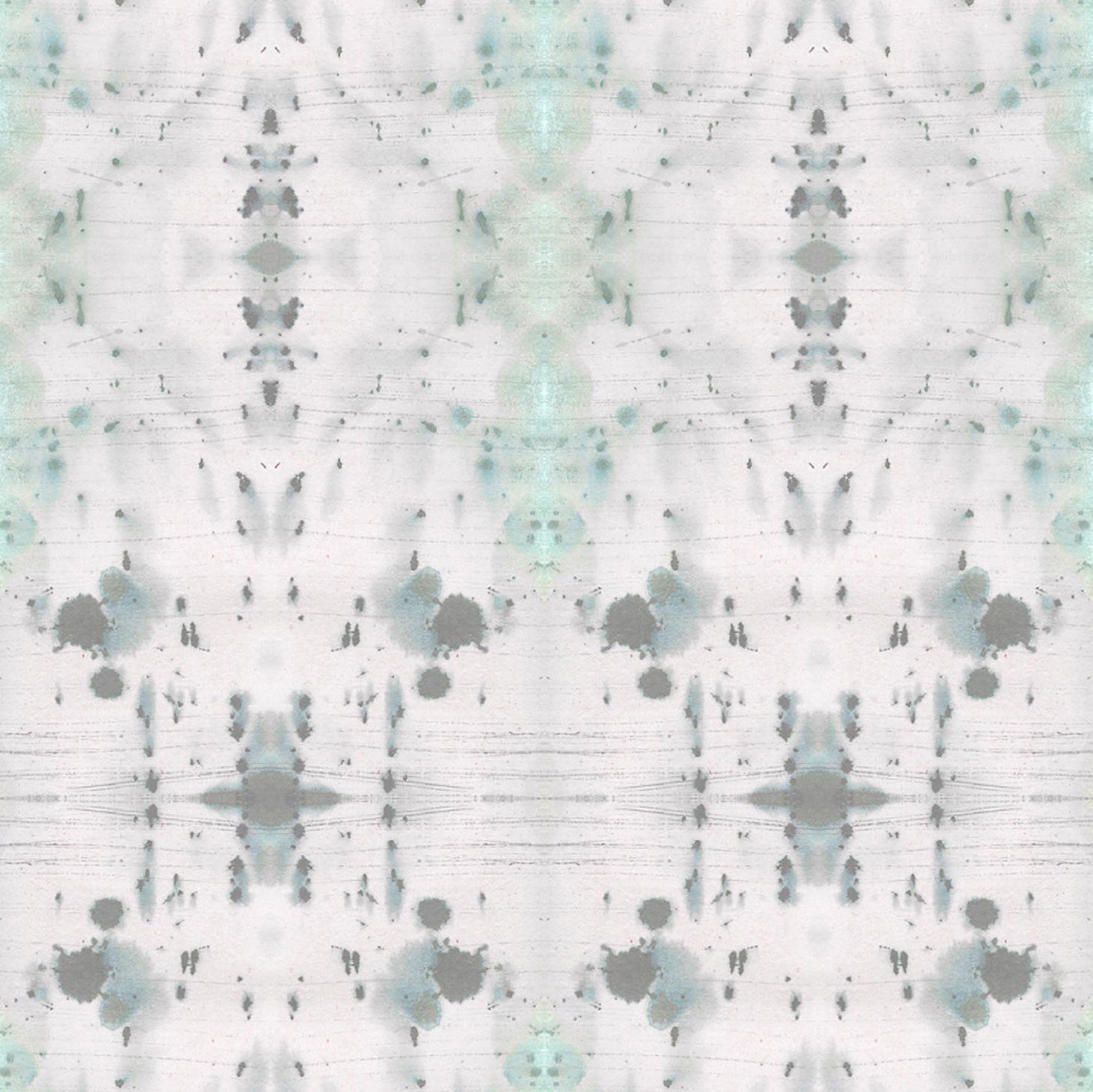 Detail of wallpaper in an abstract ink blot print in gray and green on a cream field.