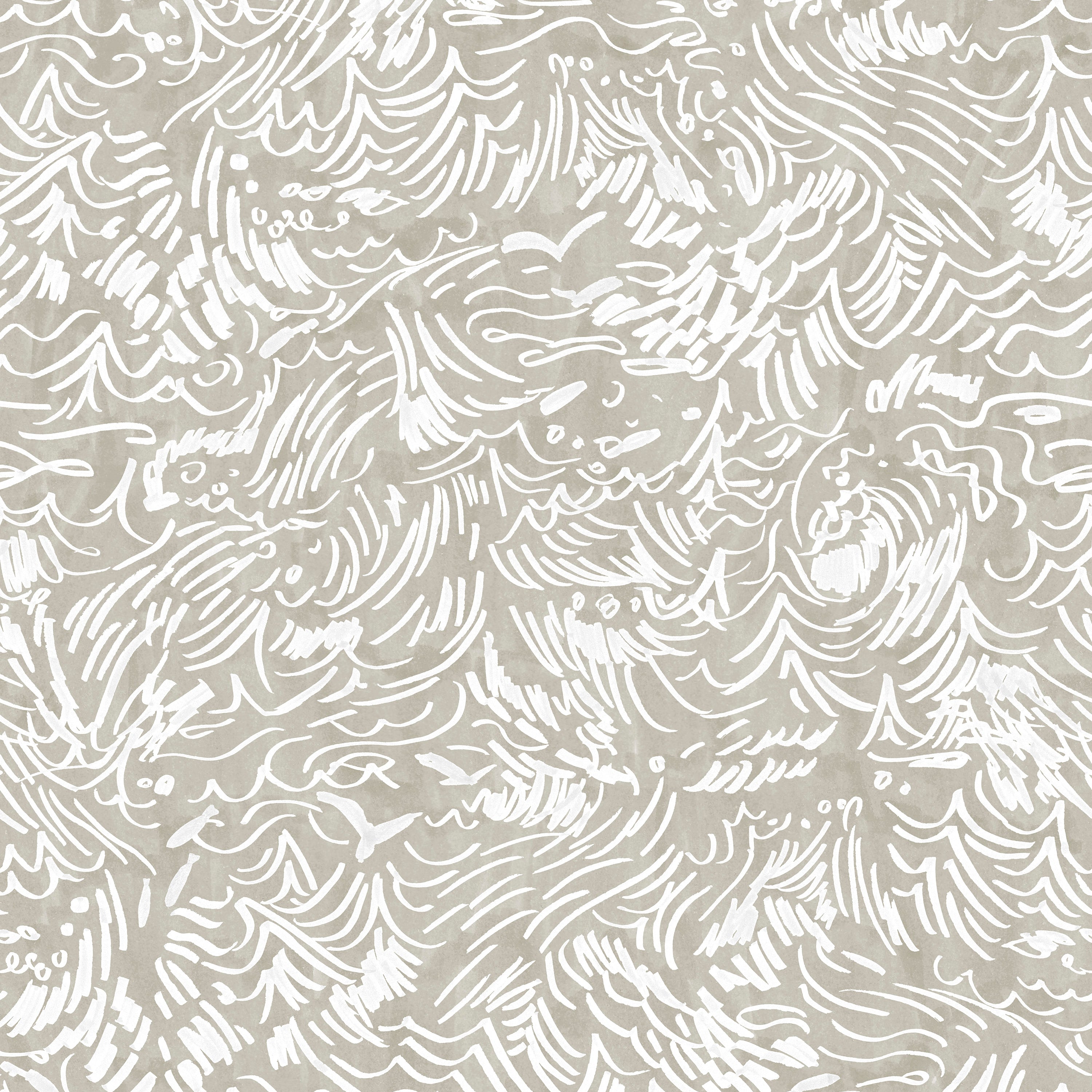 Detail of wallpaper in a painterly wave print in white on a tan field.