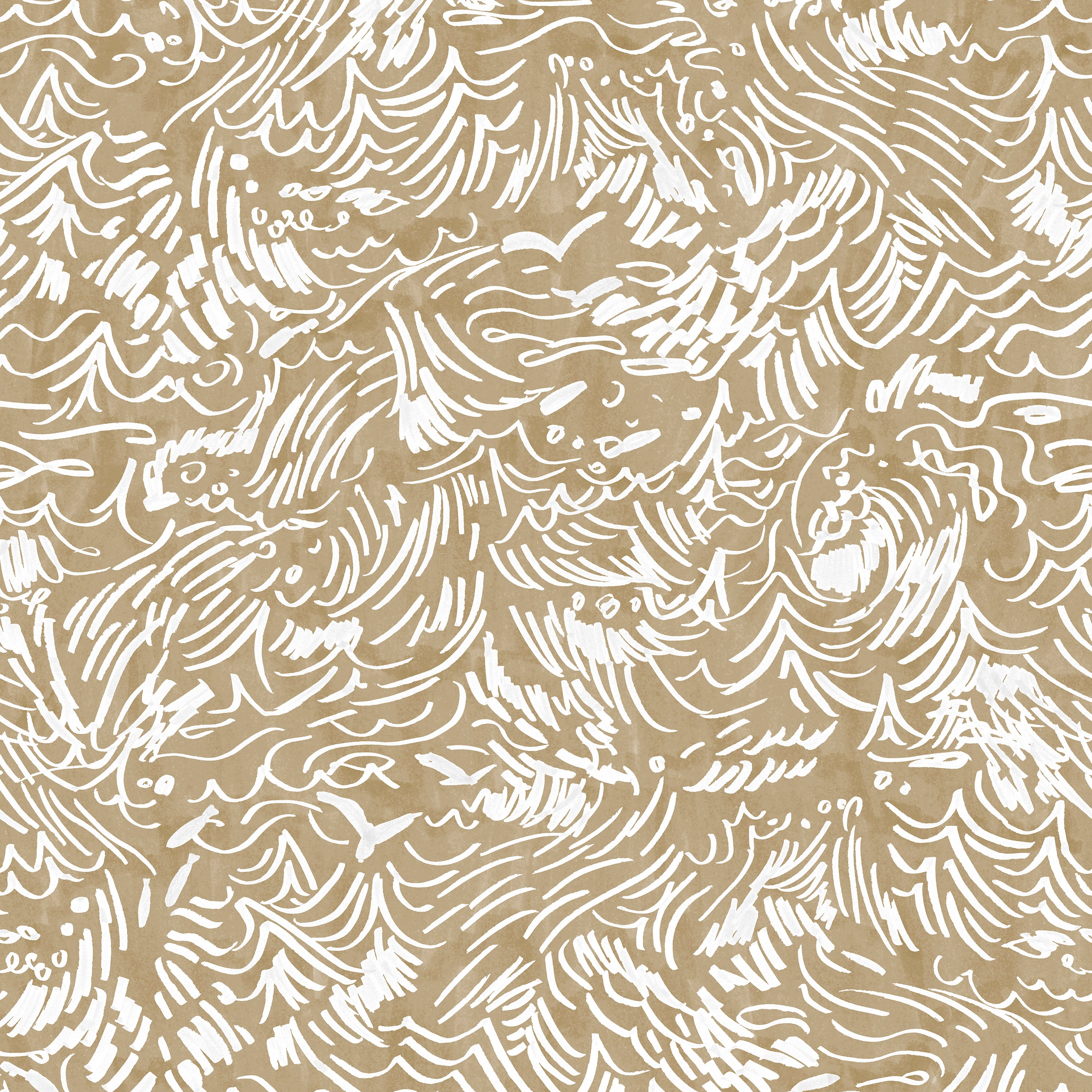 Detail of fabric in a painterly wave print in white on a tan field.