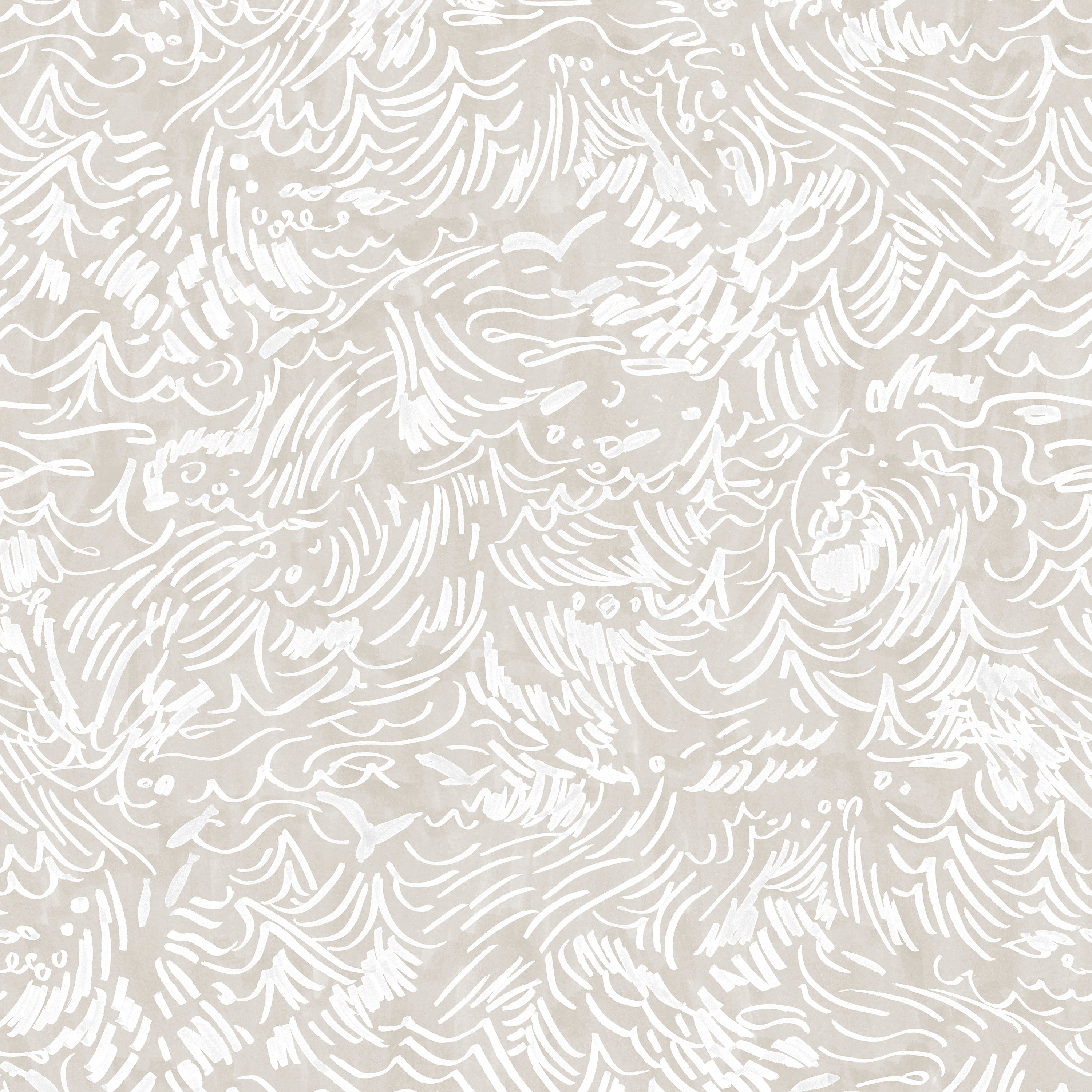 Detail of wallpaper in a painterly wave print in white on a cream field.