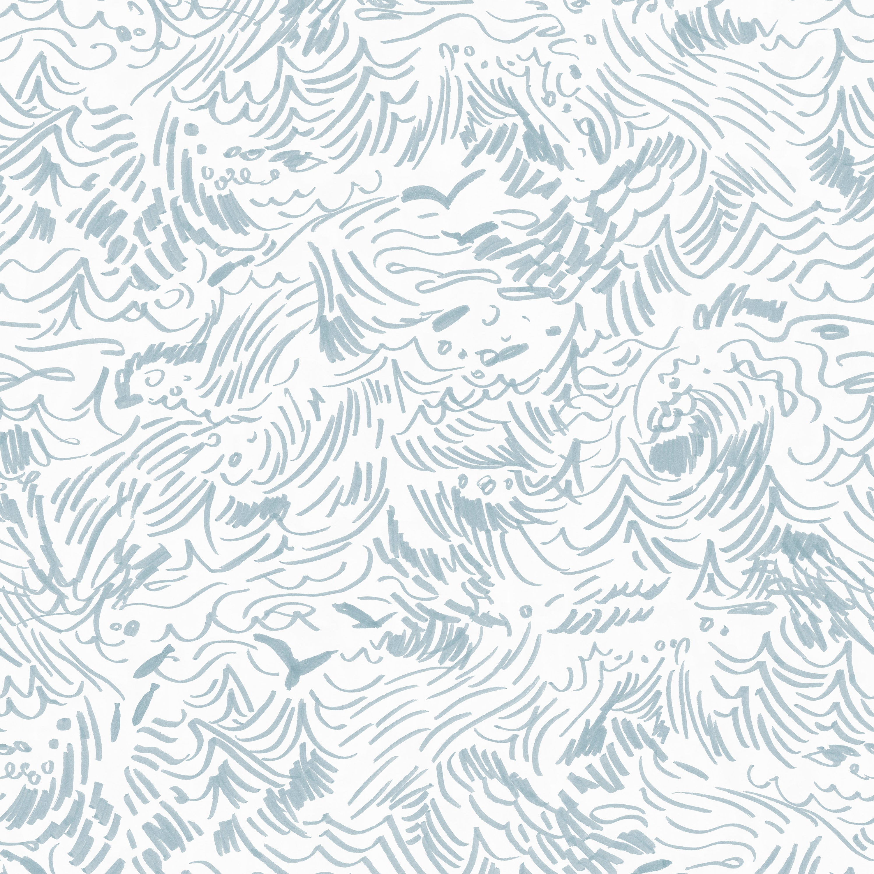 Detail of wallpaper in a painterly wave print in light blue on a white field.