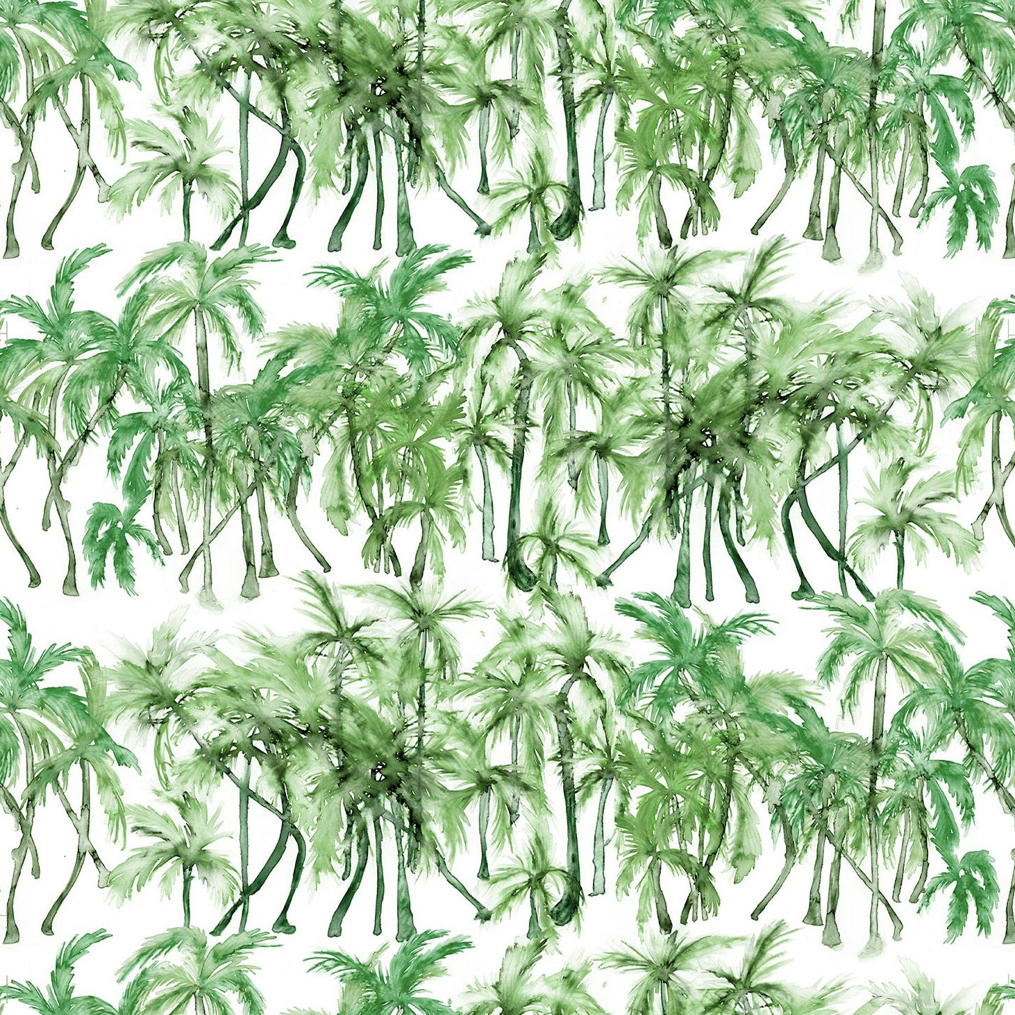 Detail of wallpaper in a painterly palm tree stripe print in shades of green on a white field.