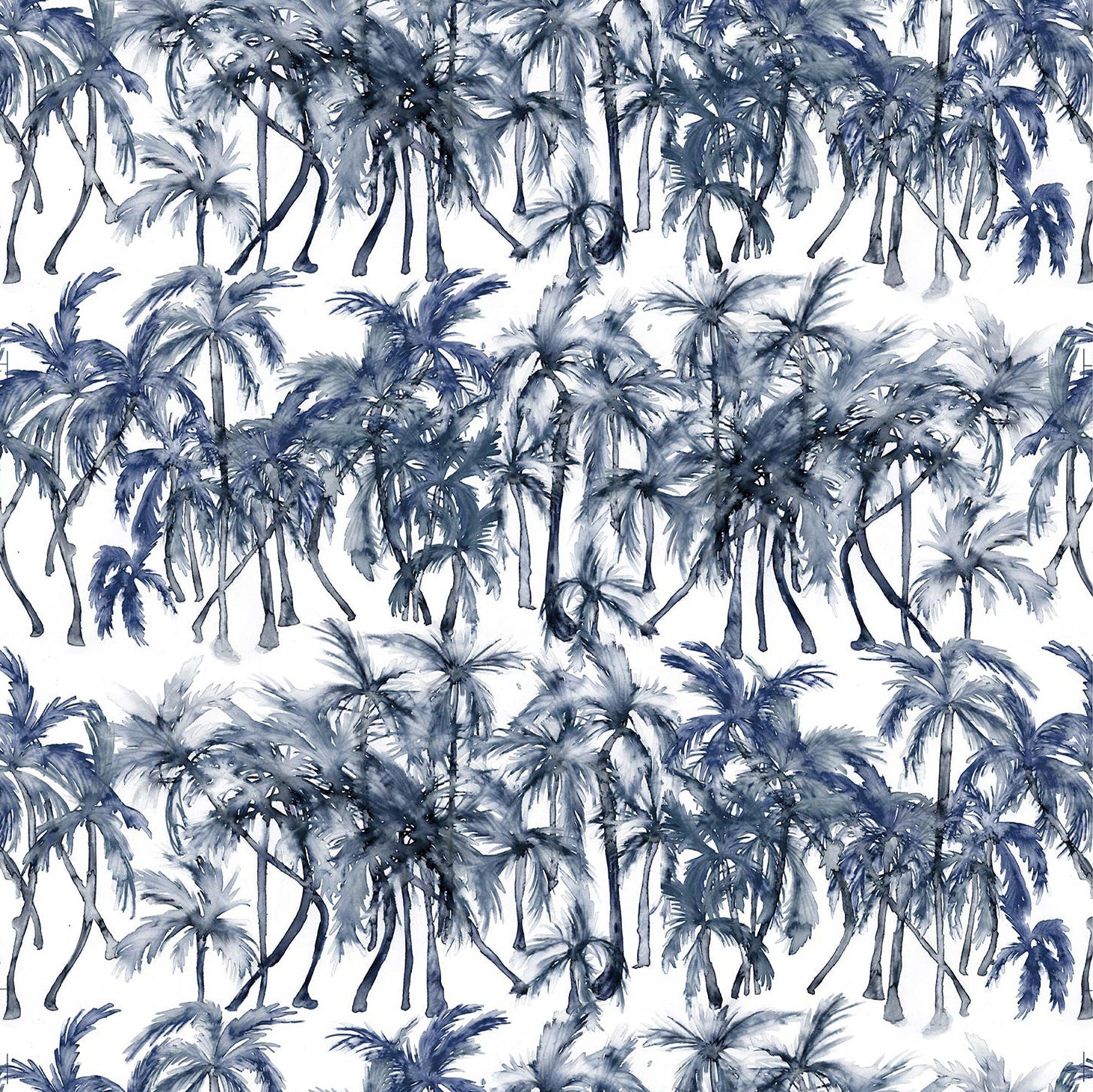 Detail of wallpaper in a painterly palm tree stripe print in shades of navy and gray on a white field.