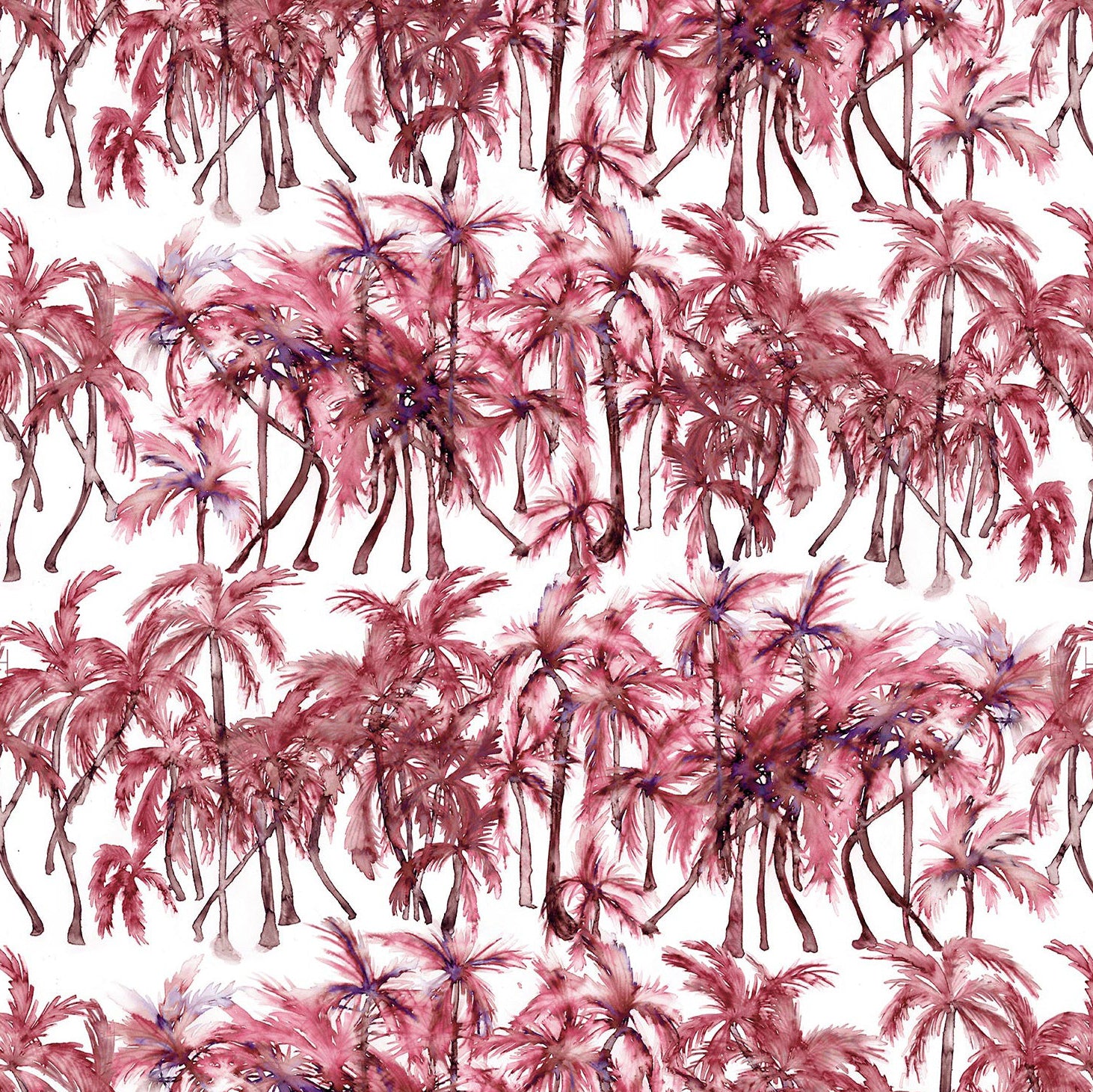 Detail of wallpaper in a painterly palm tree stripe print in shades of pink and red on a white field.