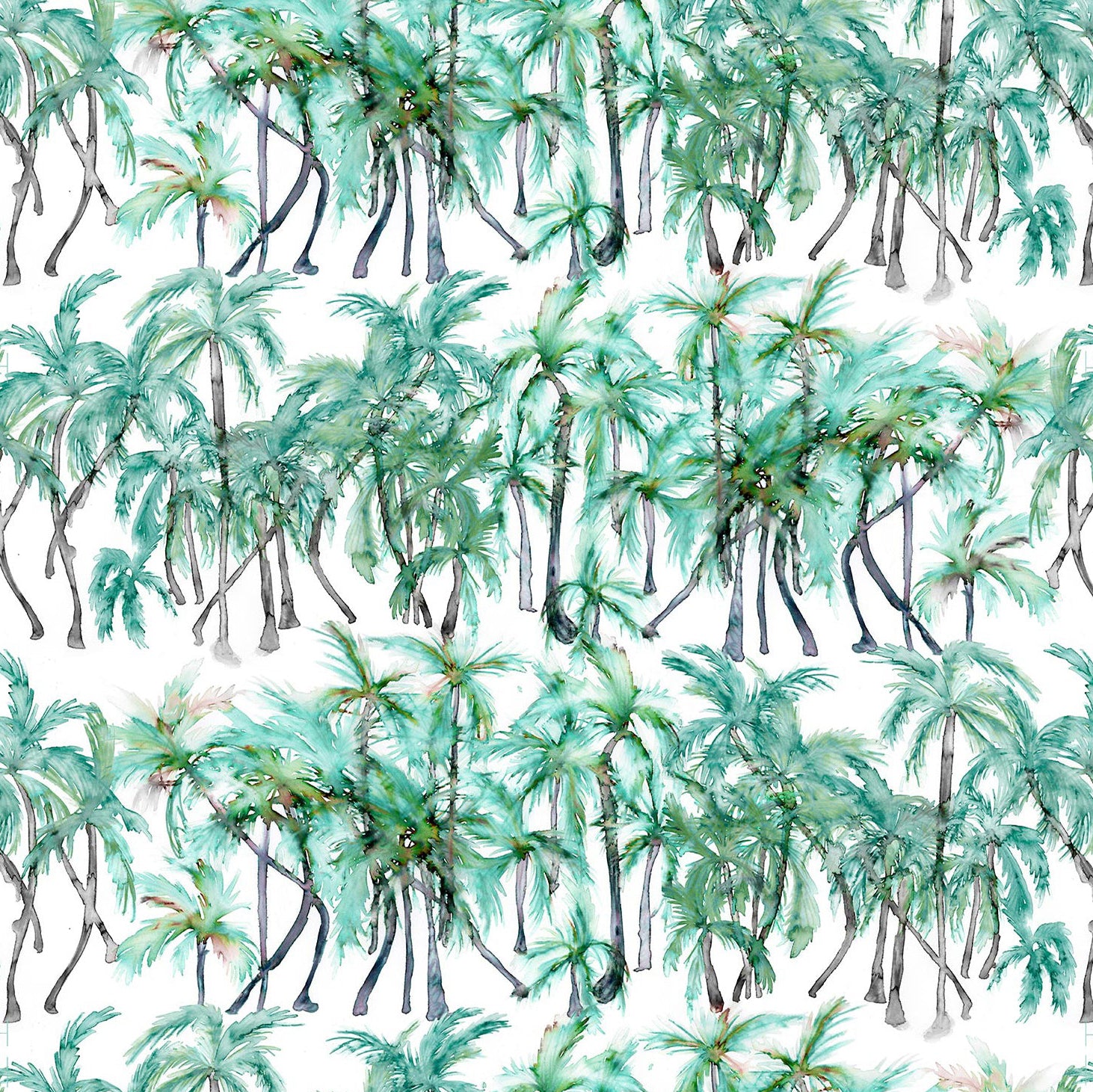 Detail of wallpaper in a painterly palm tree stripe print in shades of green and gray on a white field.