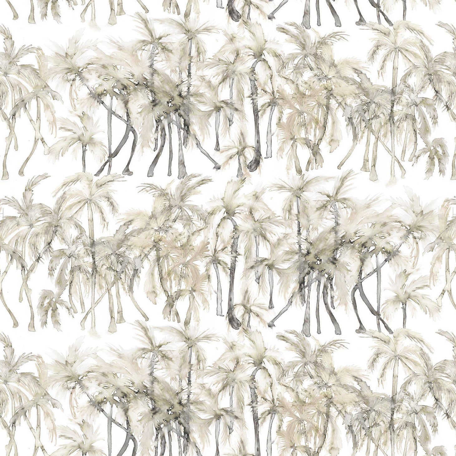 Detail of wallpaper in a painterly palm tree stripe print in shades of cream and gray on a white field.