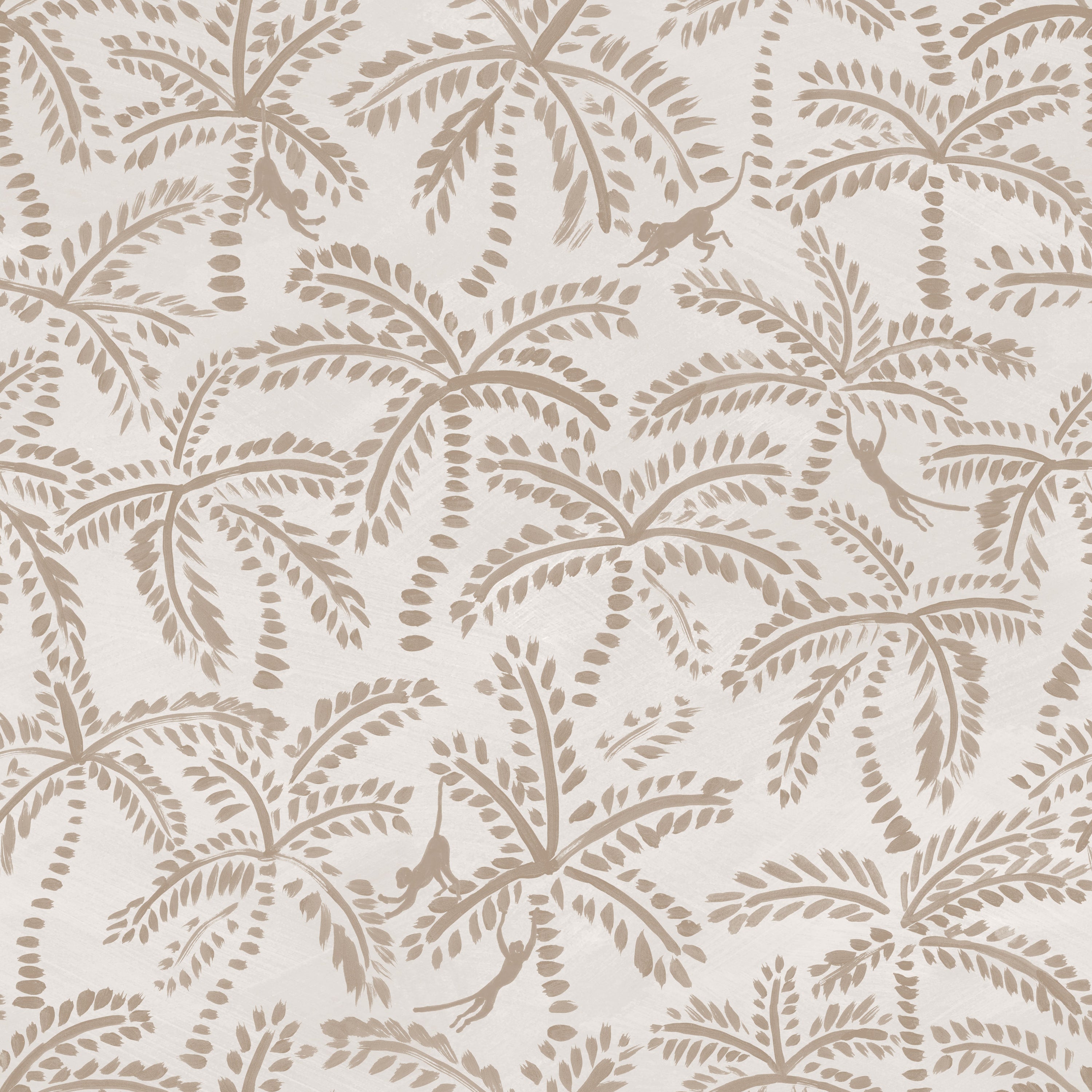 Detail of wallpaper in a playful palm tree and monkey print in tan on a cream field.