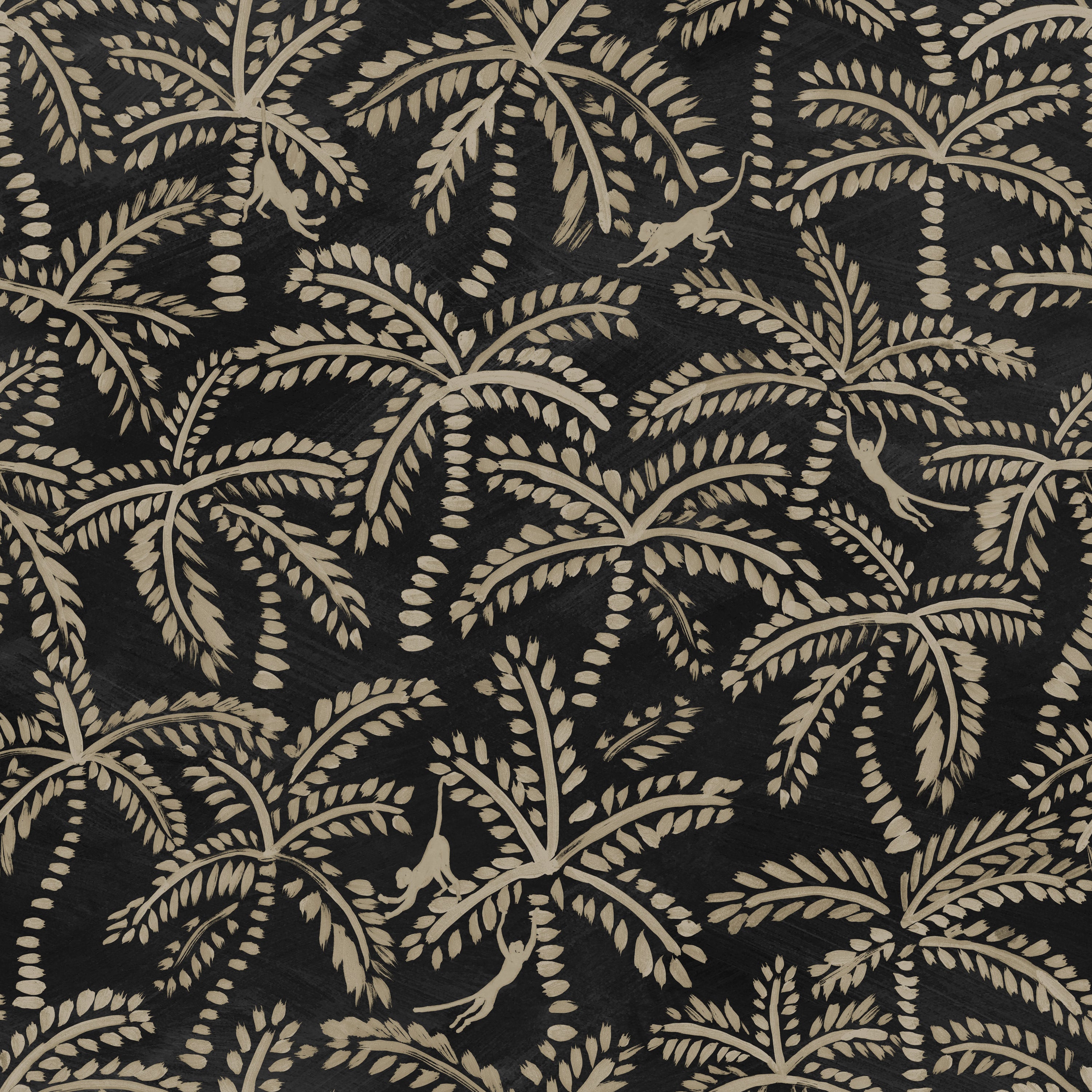 Detail of wallpaper in a playful palm tree and monkey print in tan on a black field.