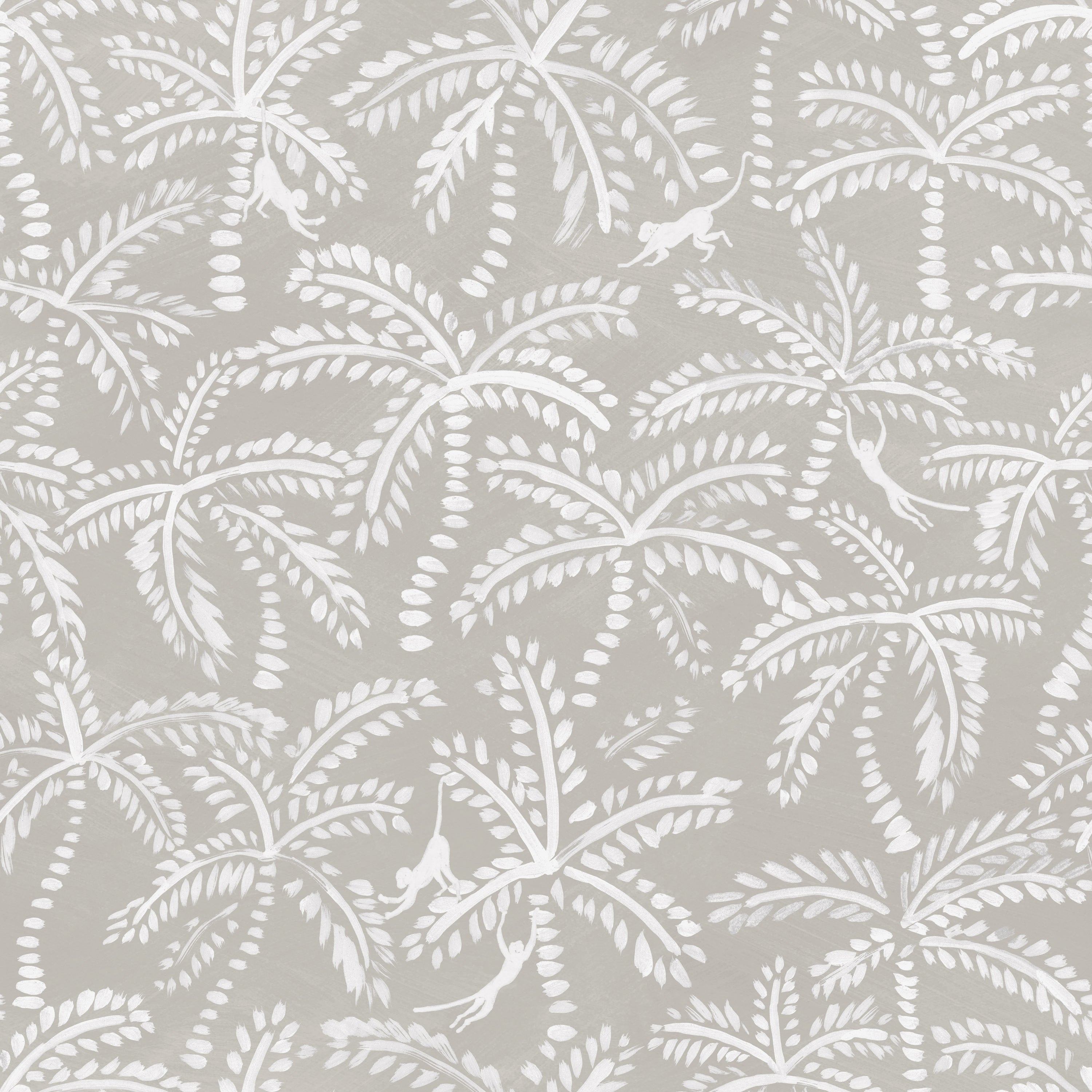 Detail of fabric in a playful palm tree and monkey print in white on a light gray field.