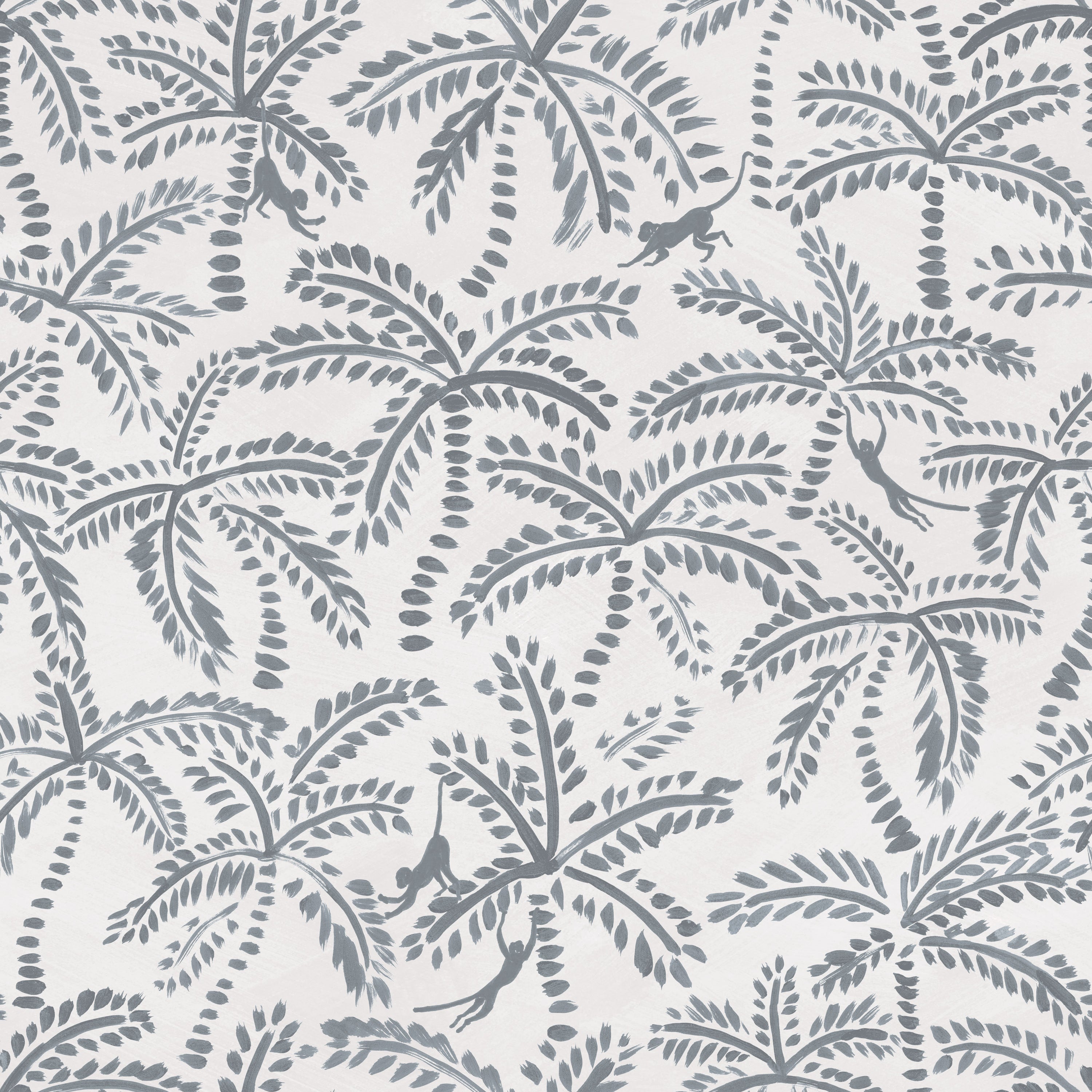 Detail of wallpaper in a playful palm tree and monkey print in gray on a white field.