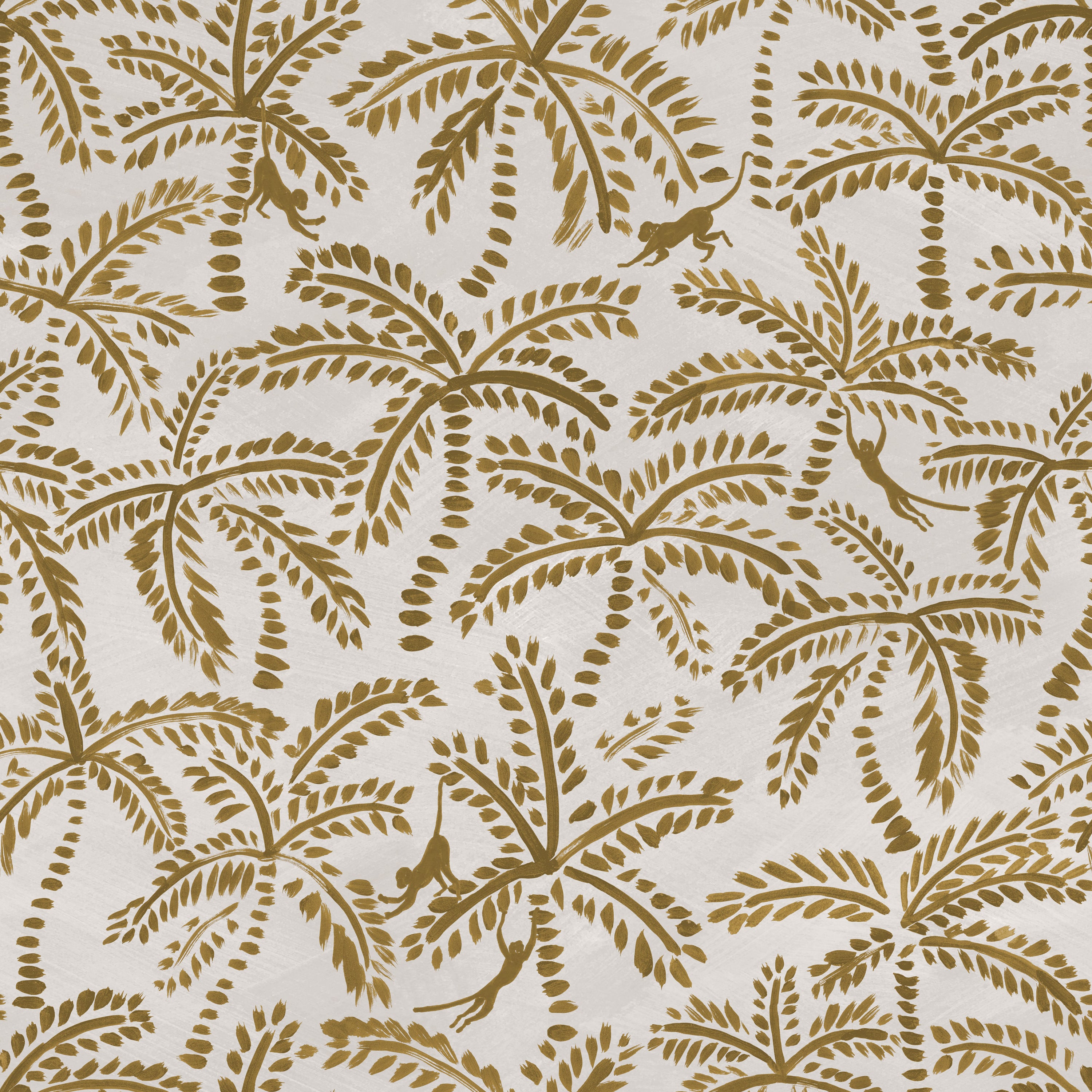 Detail of wallpaper in a playful palm tree and monkey print in gold on a cream field.