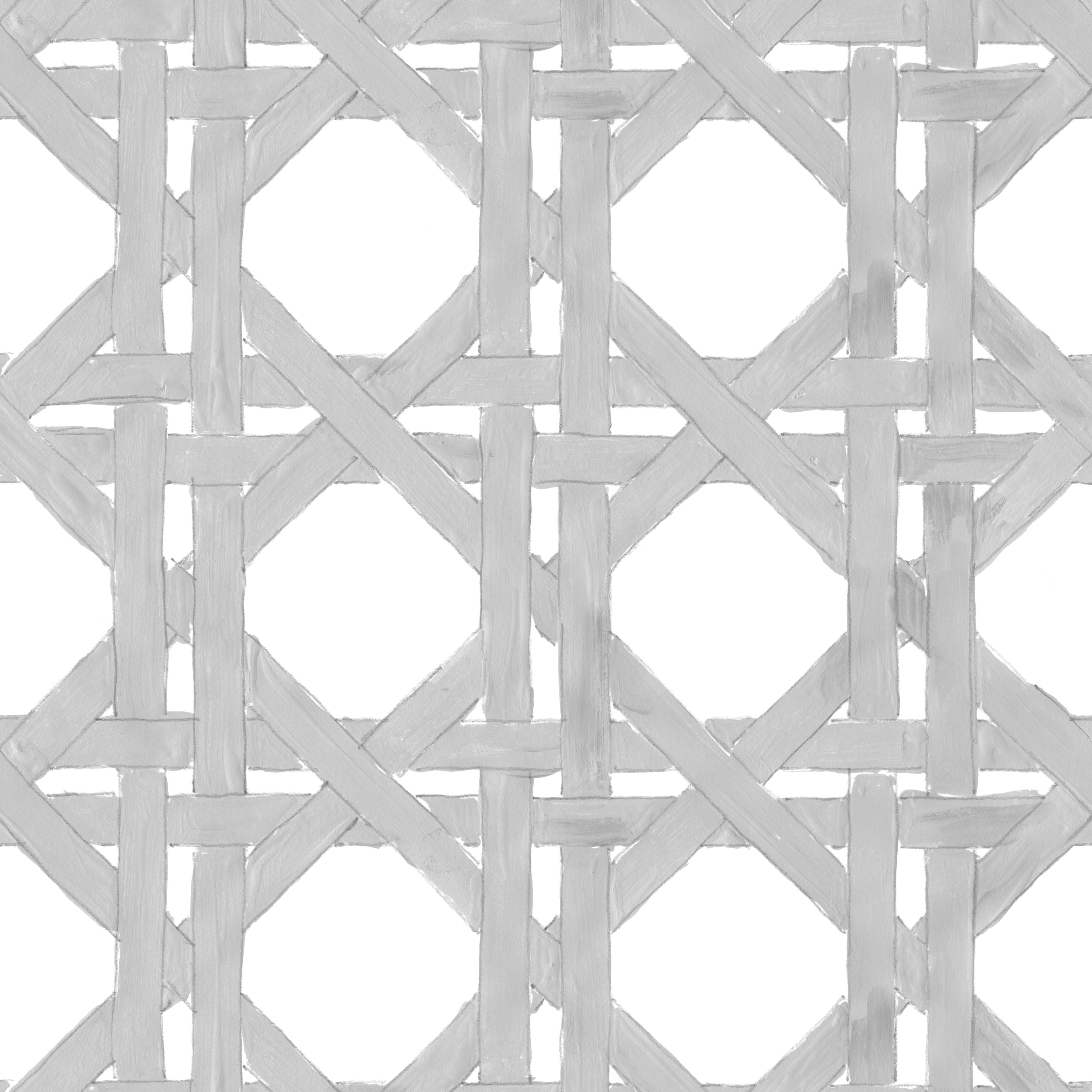 Detail of wallpaper in a geometric lattice print in gray on a white field.