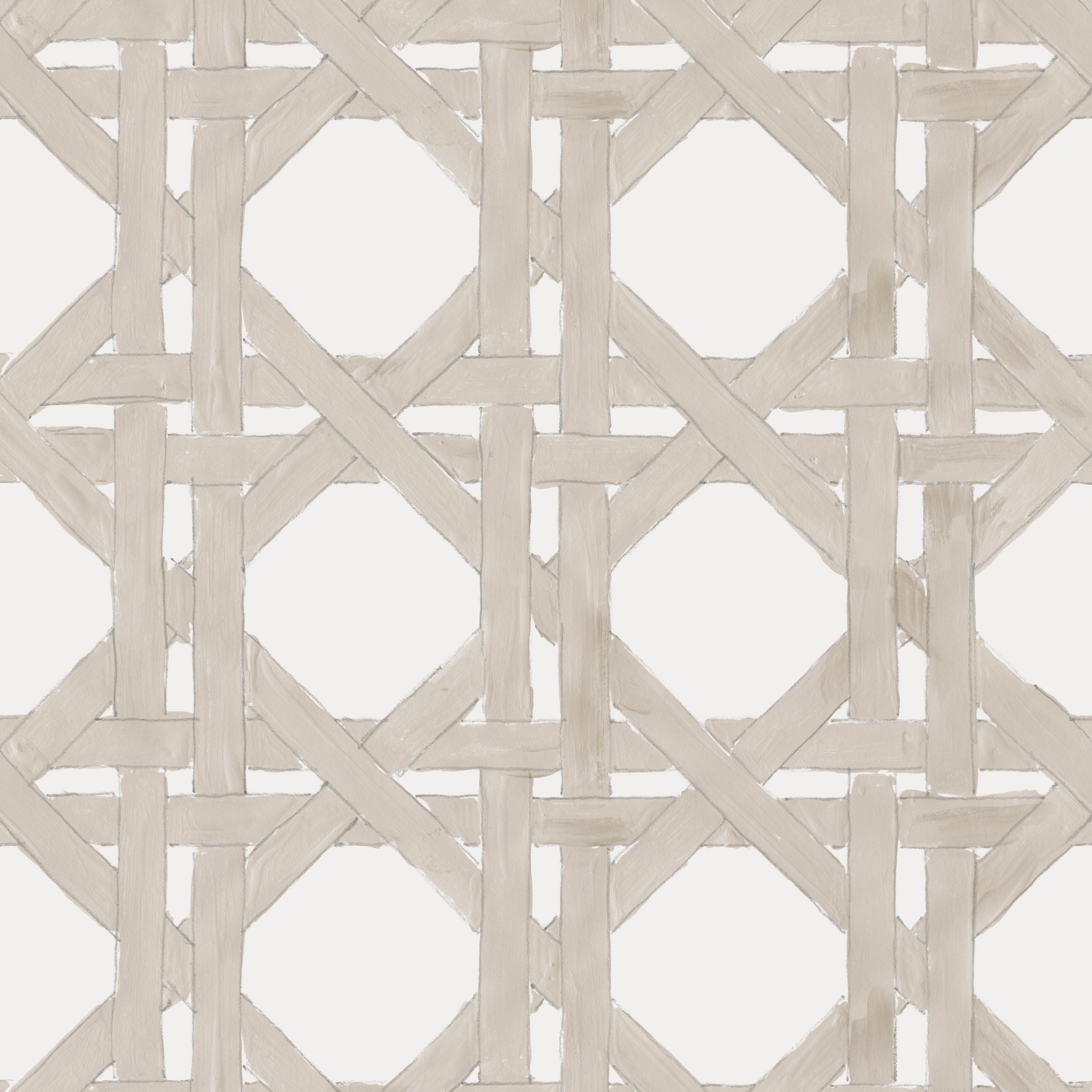 Detail of wallpaper in a geometric lattice print in tan on a white field.