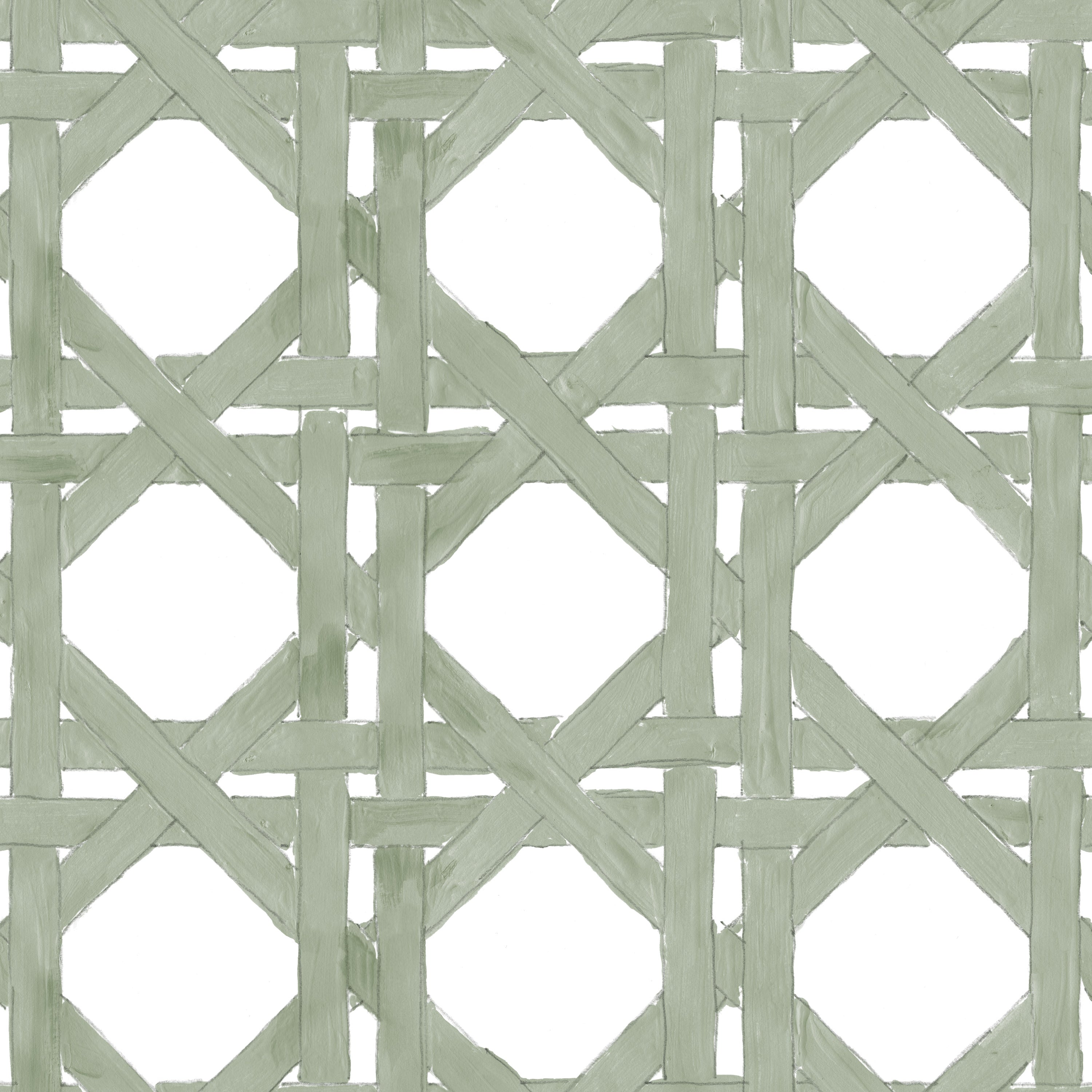 Detail of wallpaper in a geometric lattice print in sage on a white field.