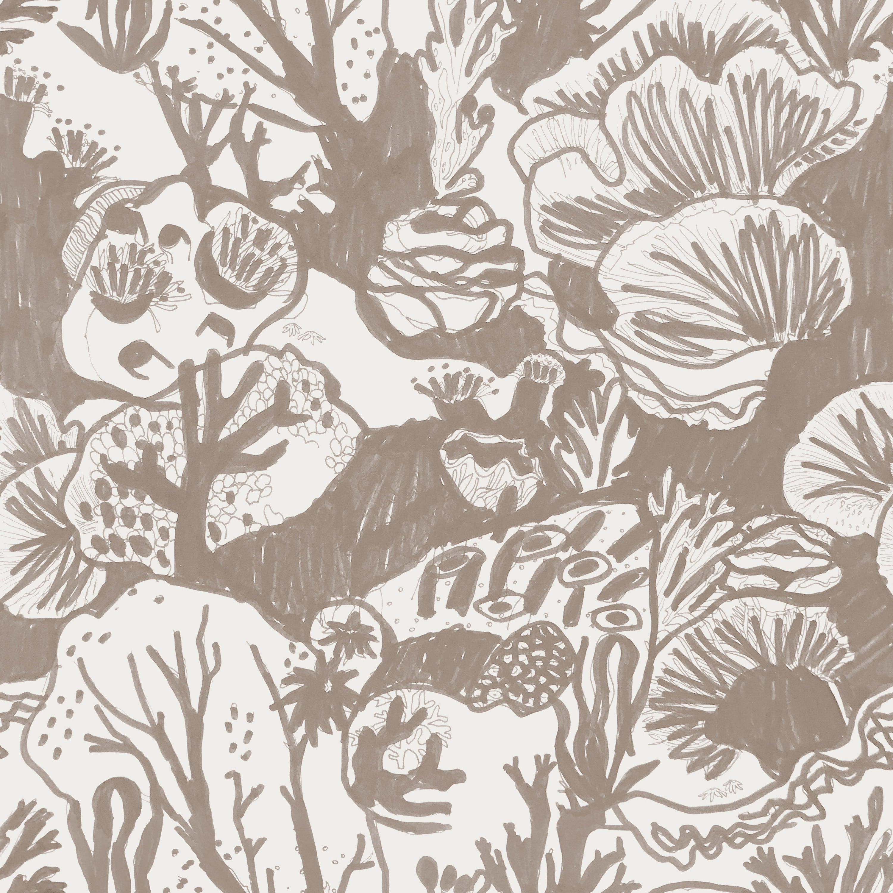Detail of wallpaper in a playful reef print in tan on a white field.